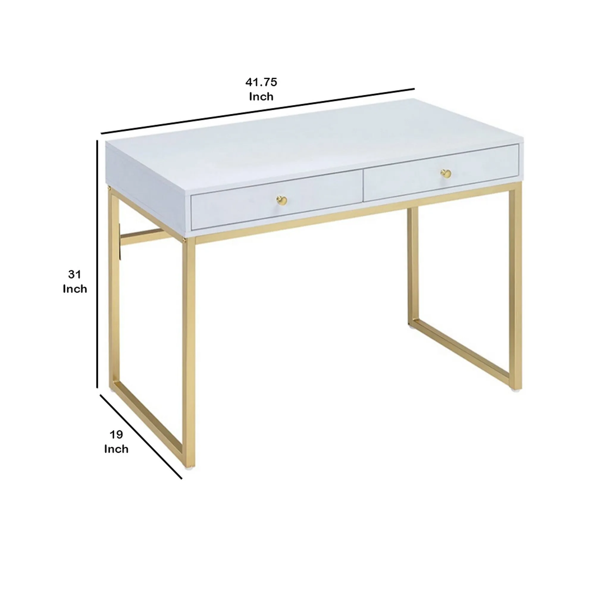 2 Drawer Wooden Desk With Sled Base, White And Gold By Benzara