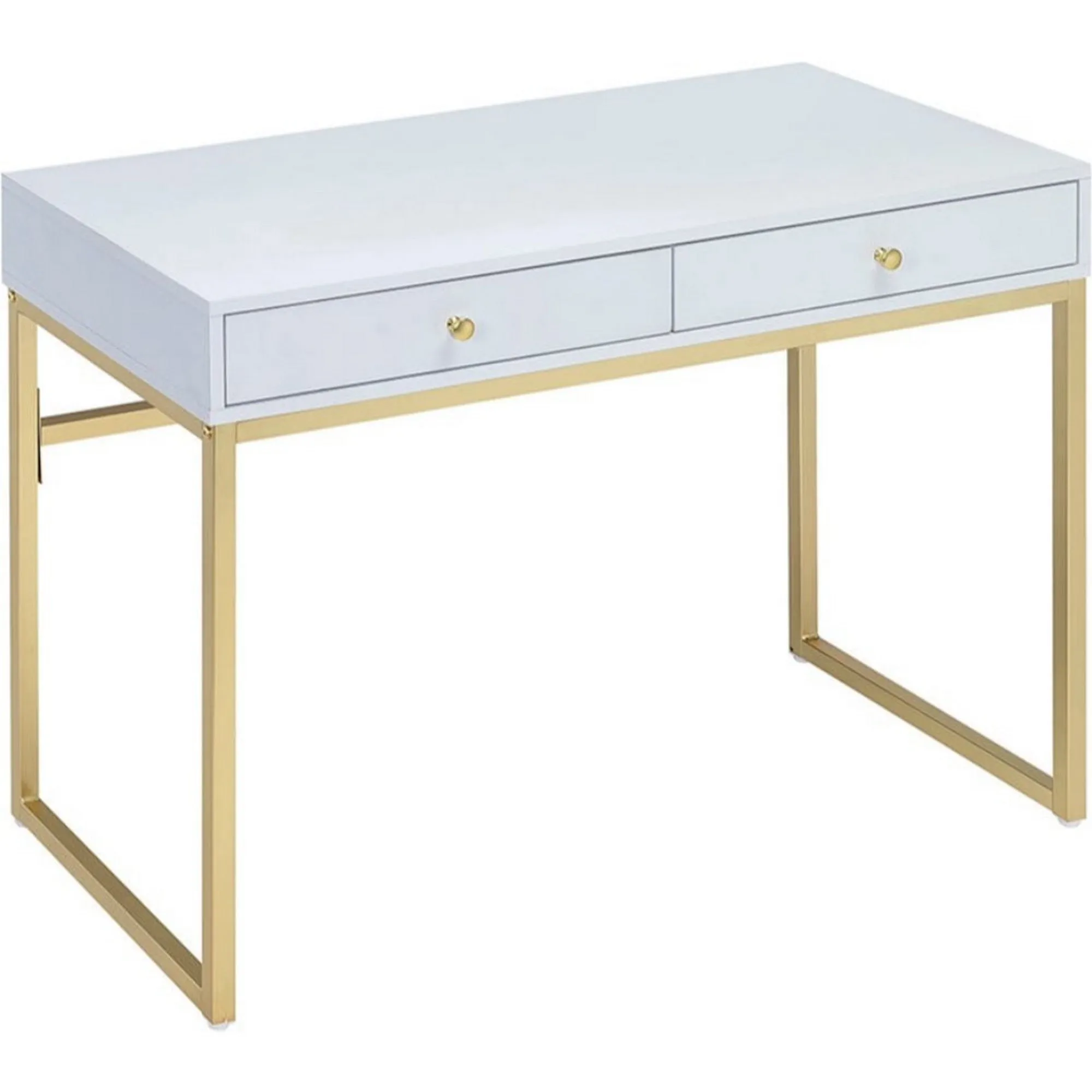 2 Drawer Wooden Desk With Sled Base, White And Gold By Benzara