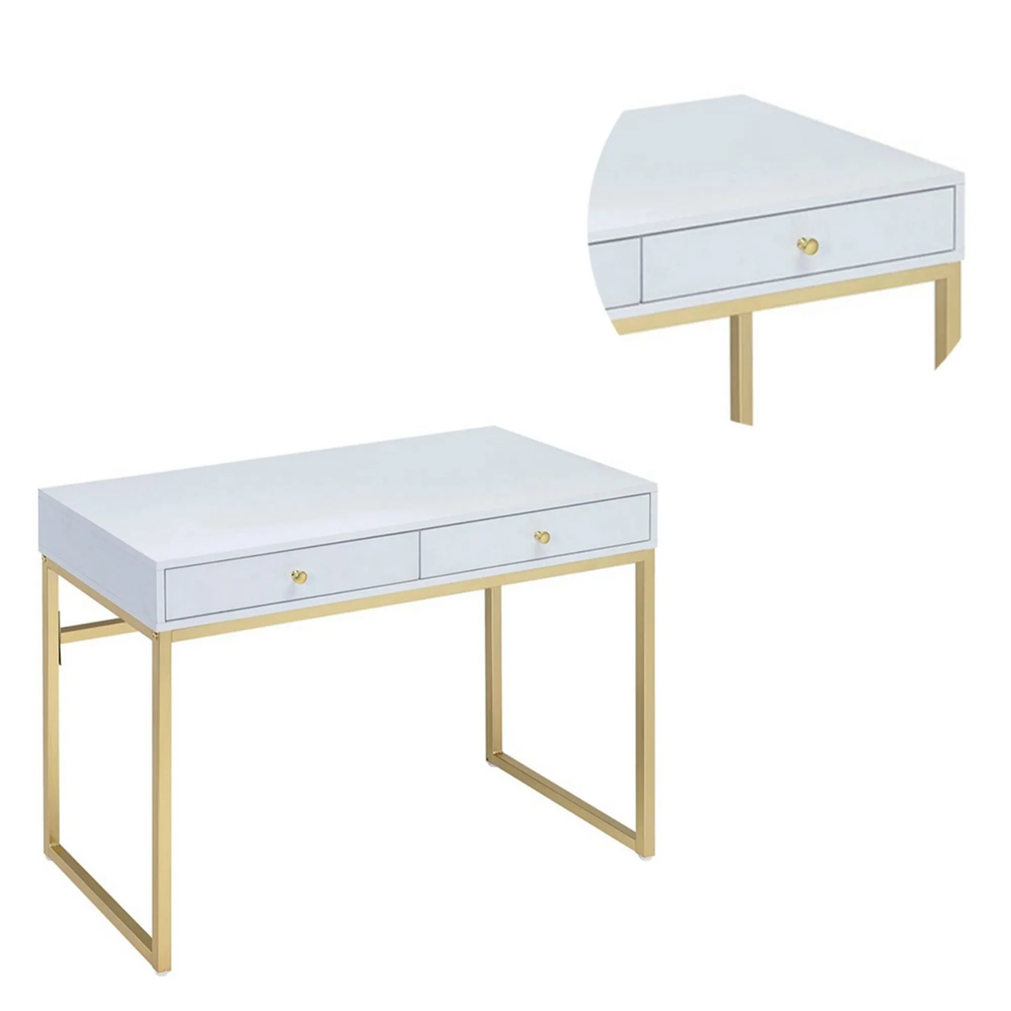 2 Drawer Wooden Desk With Sled Base, White And Gold By Benzara