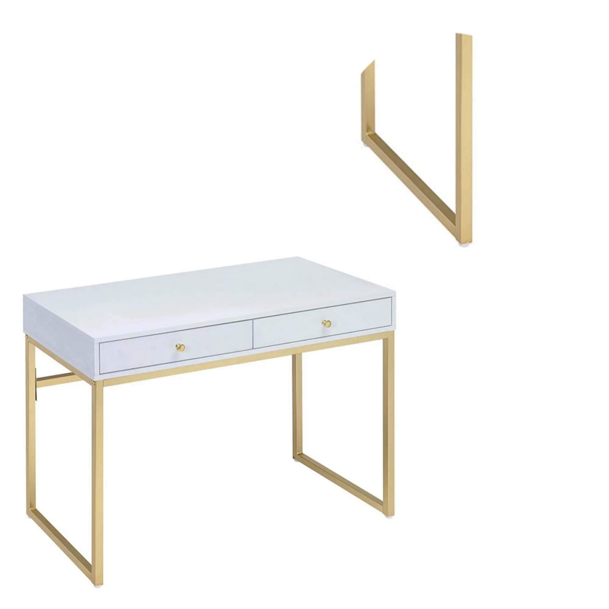 2 Drawer Wooden Desk With Sled Base, White And Gold By Benzara