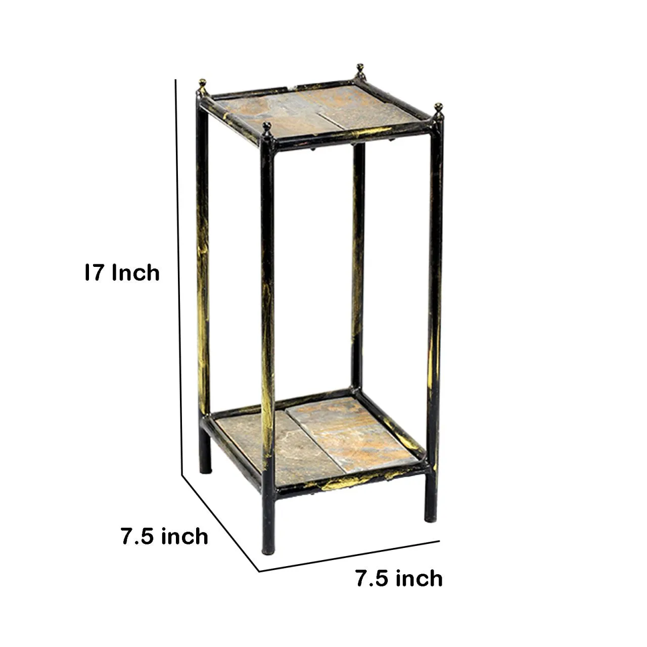 2 Tier Square Stone Top Plant Stand With Metal Frame, Small, Black And Gray By Benzara