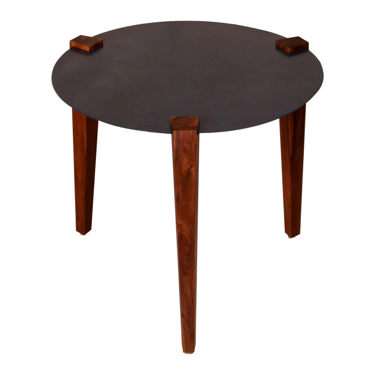 20 Inches Round Metal Top Side End Table With Tapered Legs, Brown And Black By Benzara