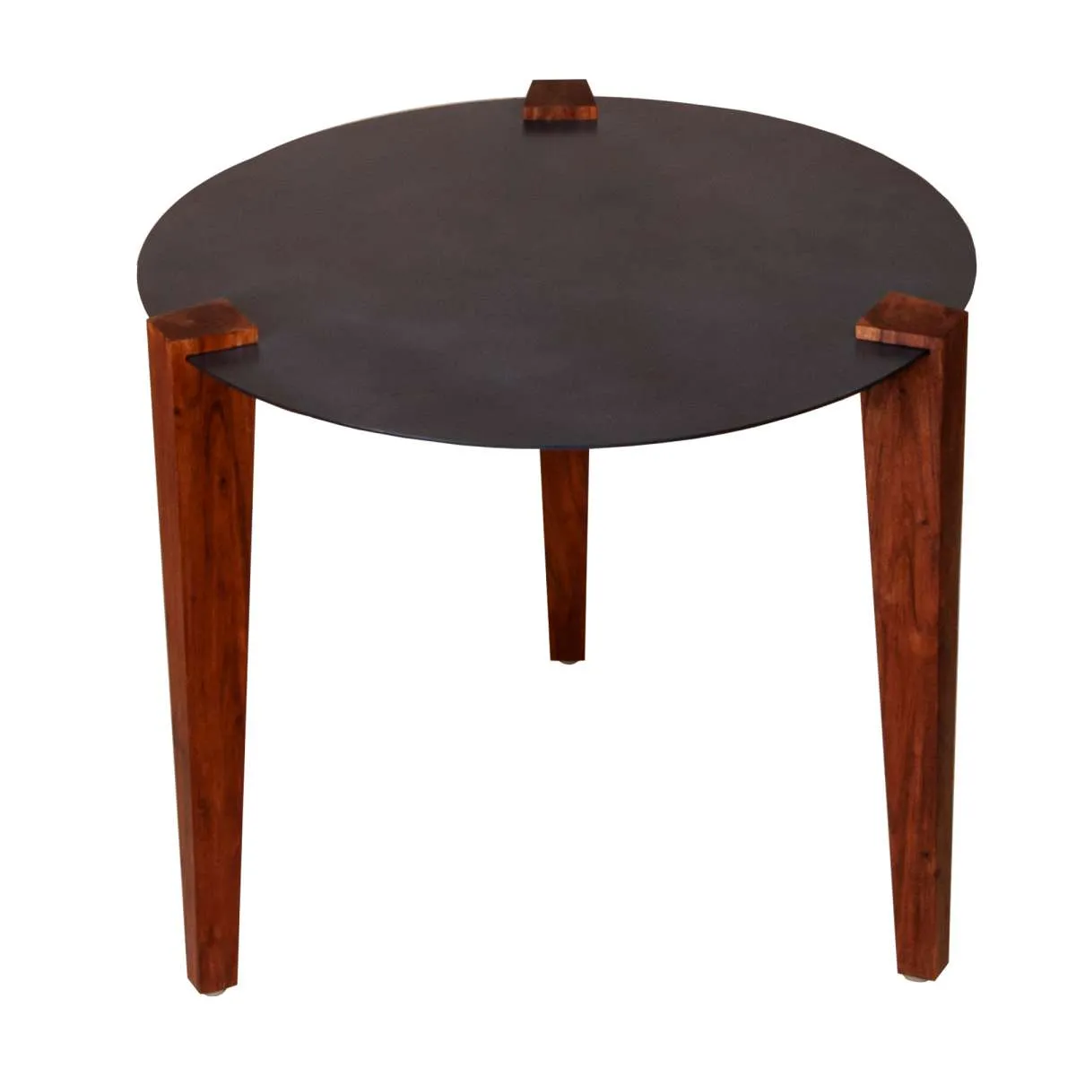 20 Inches Round Metal Top Side End Table With Tapered Legs, Brown And Black By Benzara