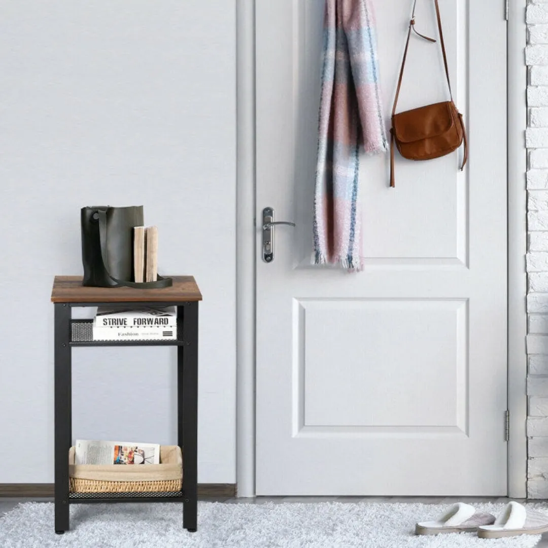 3-Tier Industrial End Table with Metal Mesh Storage Shelves