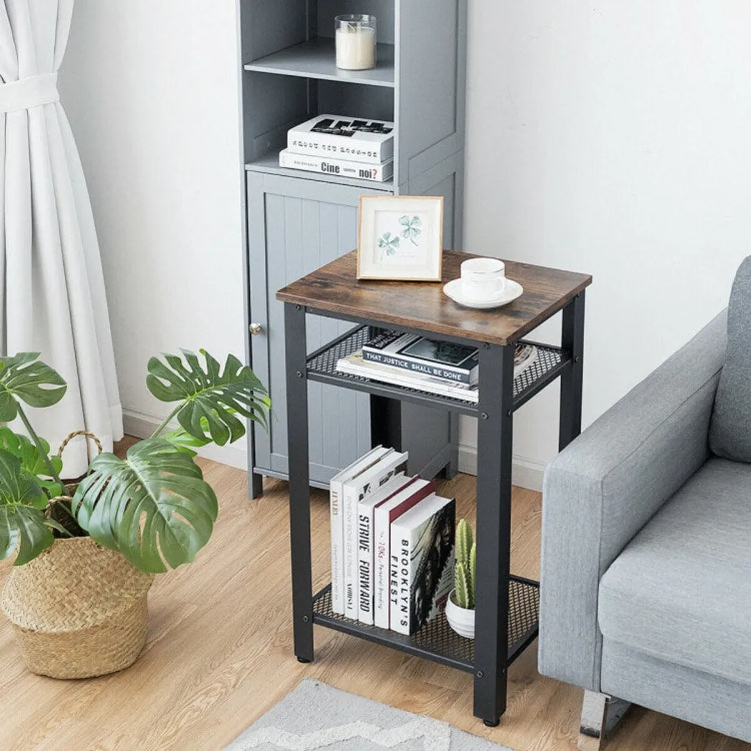 3-Tier Industrial End Table with Metal Mesh Storage Shelves