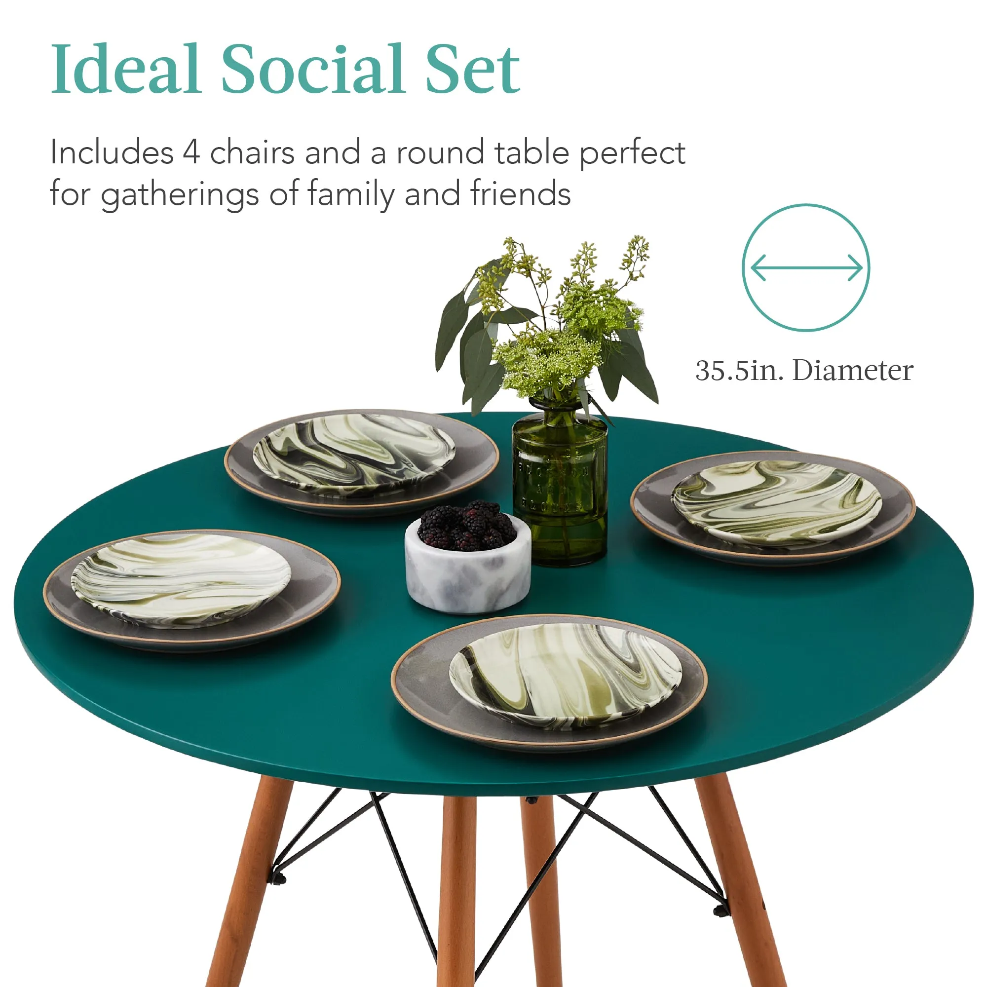 5-Piece Mid-Century Modern Dining Set w/ 4 Chairs, Wooden Legs, Metal Frame