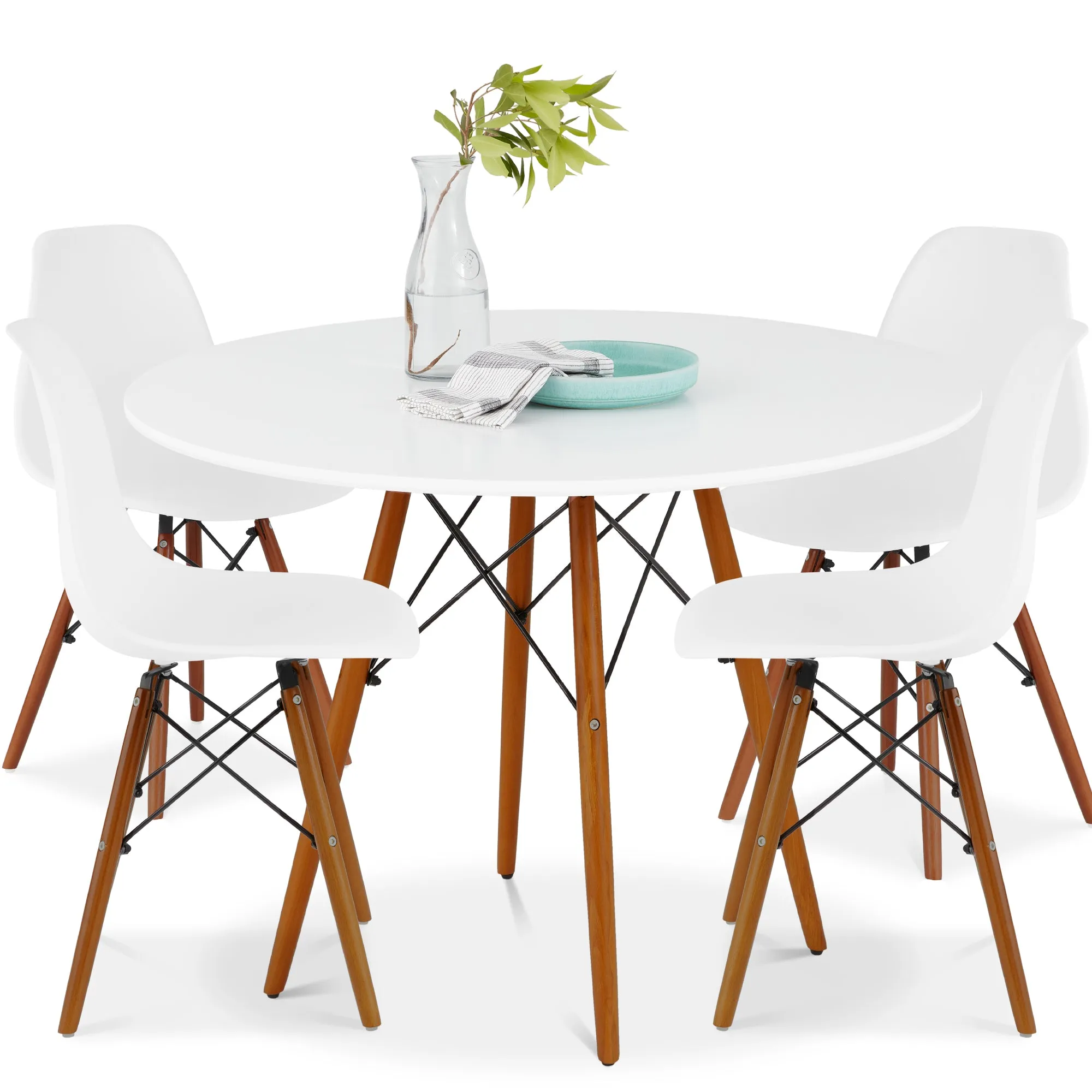 5-Piece Mid-Century Modern Dining Set w/ 4 Chairs, Wooden Legs, Metal Frame