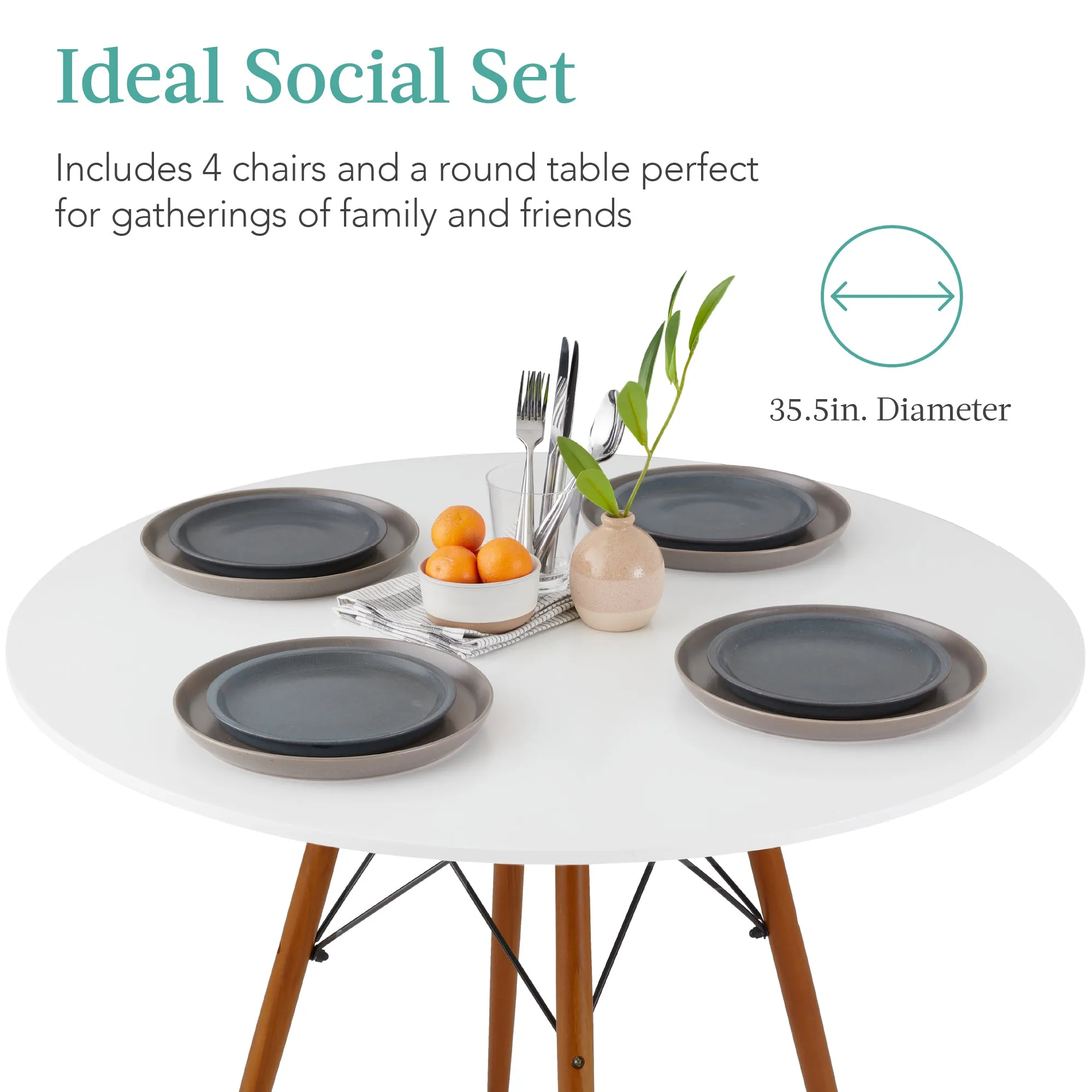 5-Piece Mid-Century Modern Dining Set w/ 4 Chairs, Wooden Legs, Metal Frame