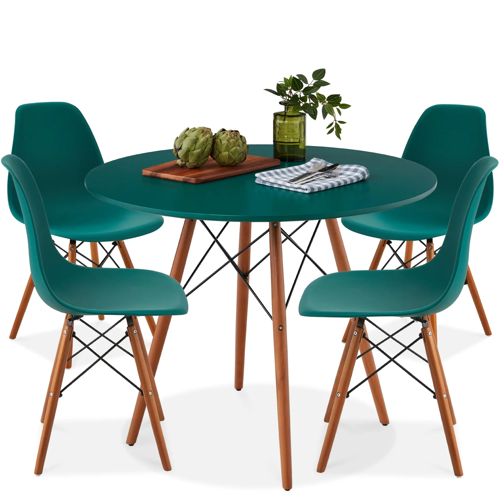 5-Piece Mid-Century Modern Dining Set w/ 4 Chairs, Wooden Legs, Metal Frame