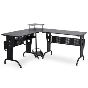 86.5H x 170L x 140Wcm Steel MDF Top L-Shaped Corner Desk w/ Keyboard Tray - Black