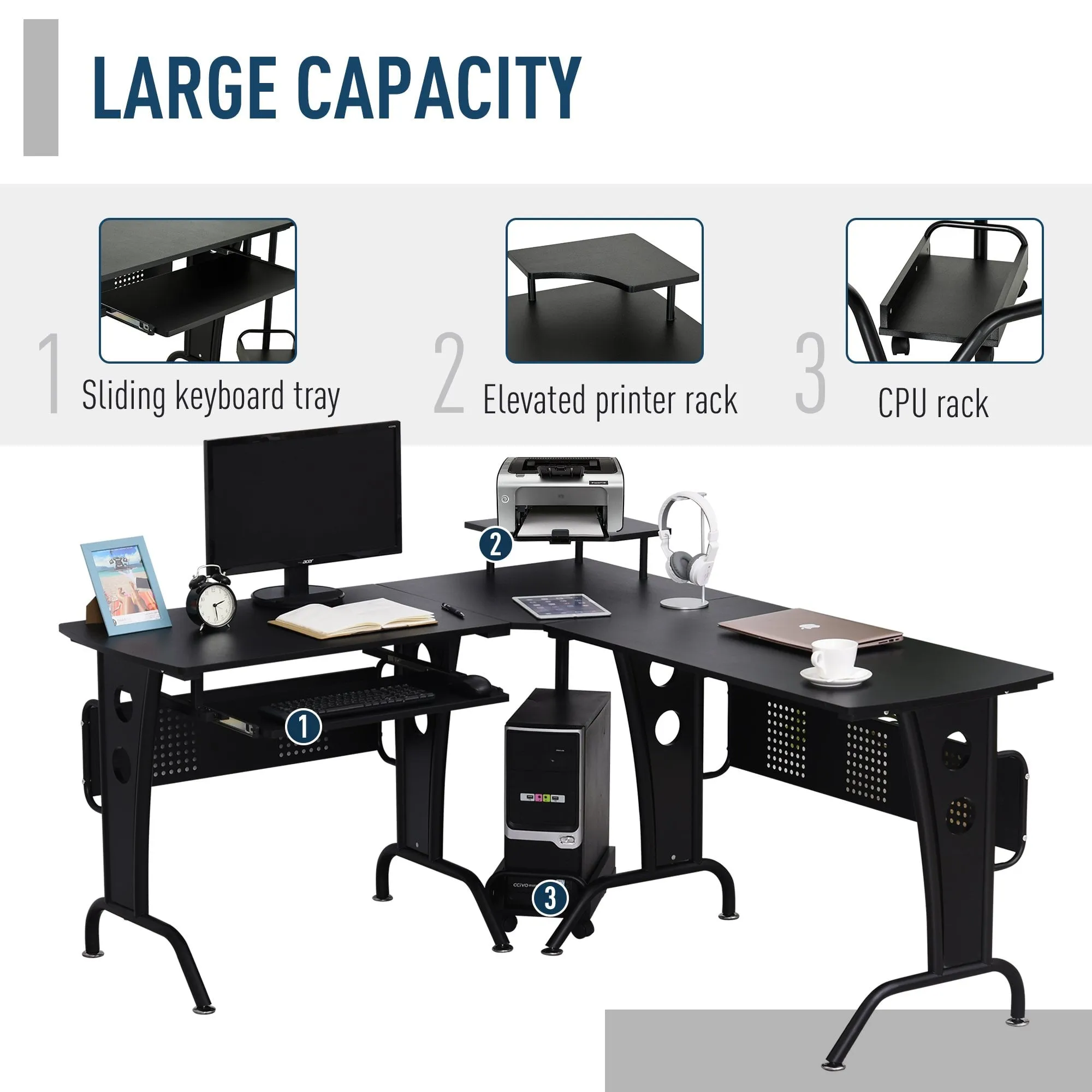 86.5H x 170L x 140Wcm Steel MDF Top L-Shaped Corner Desk w/ Keyboard Tray - Black