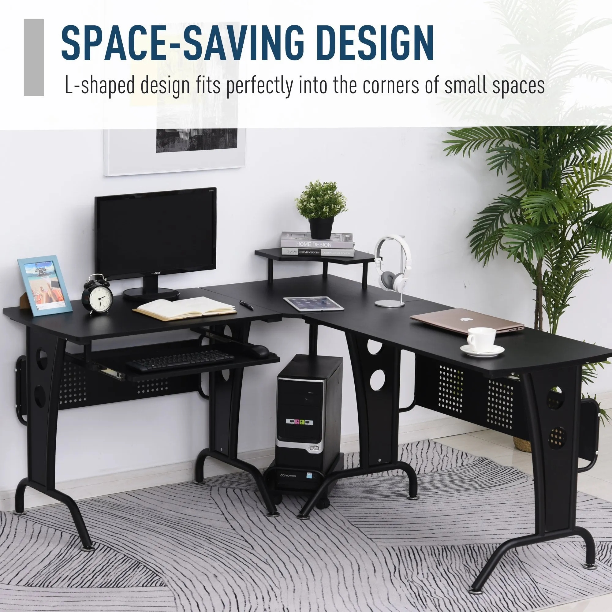 86.5H x 170L x 140Wcm Steel MDF Top L-Shaped Corner Desk w/ Keyboard Tray - Black