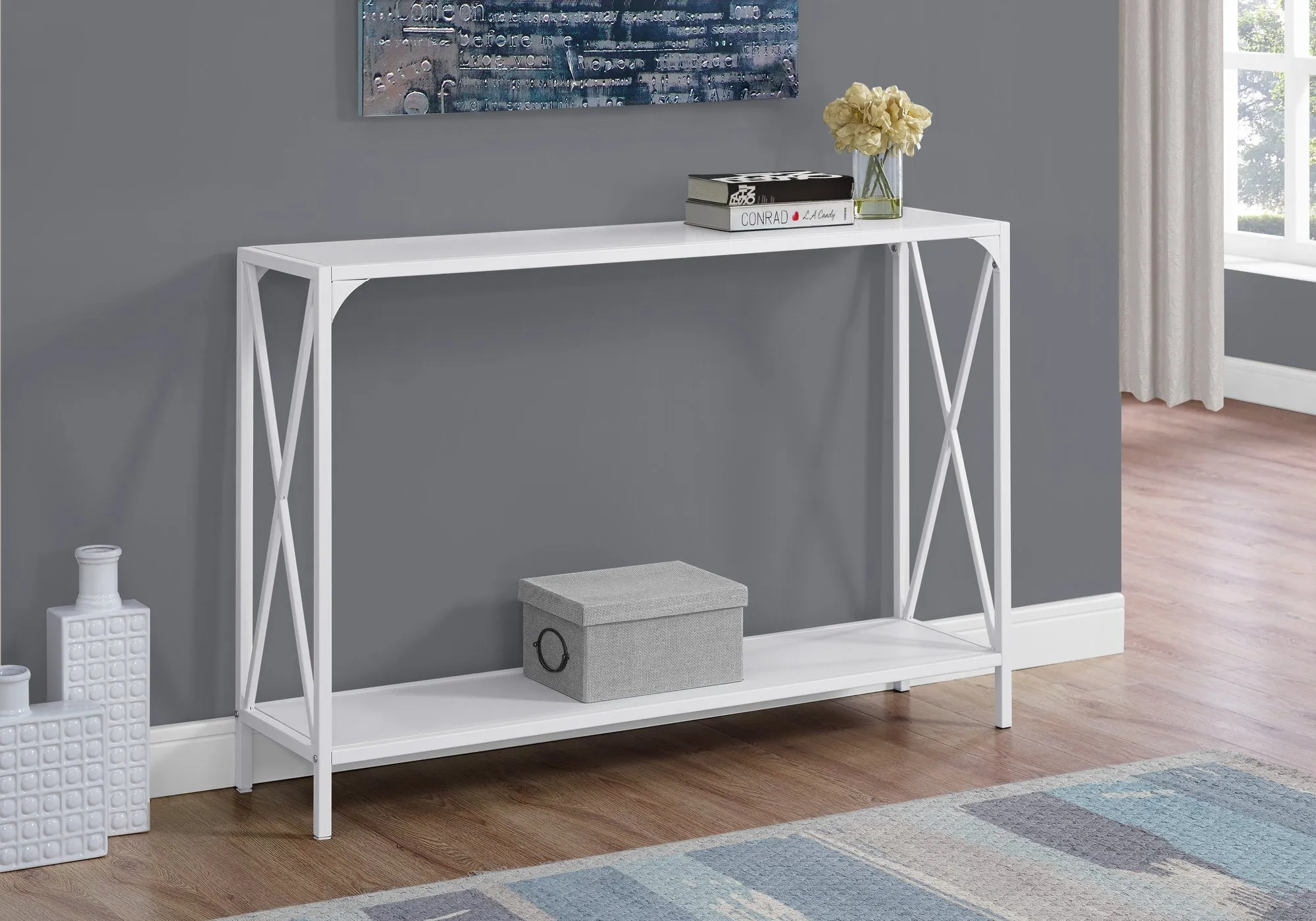 Accent Table - 48"L / White / White Metal Hall Console