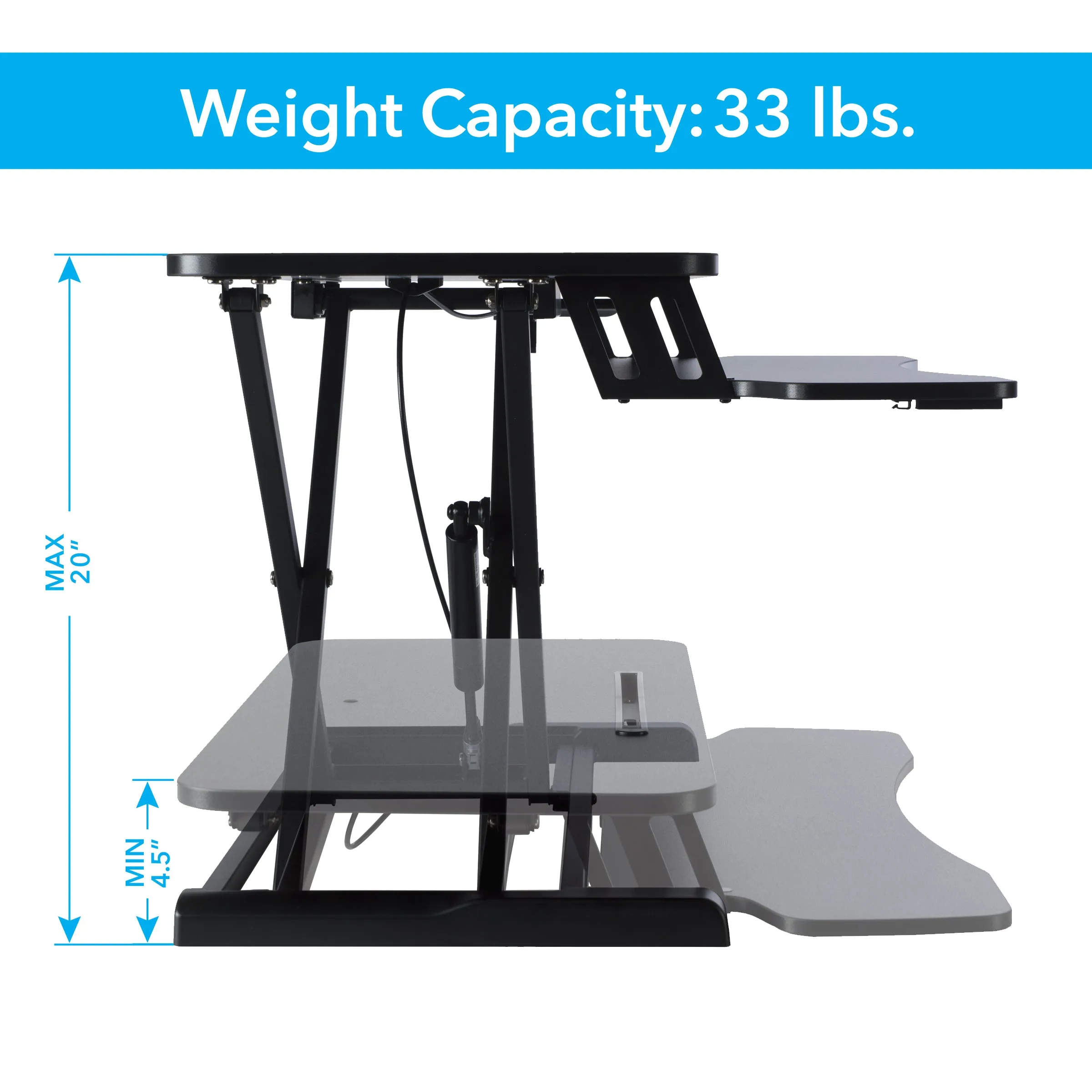 Atlantic Height Adjustable Large Standing Desk Converter, Black - Gas Spring, Desktop Riser