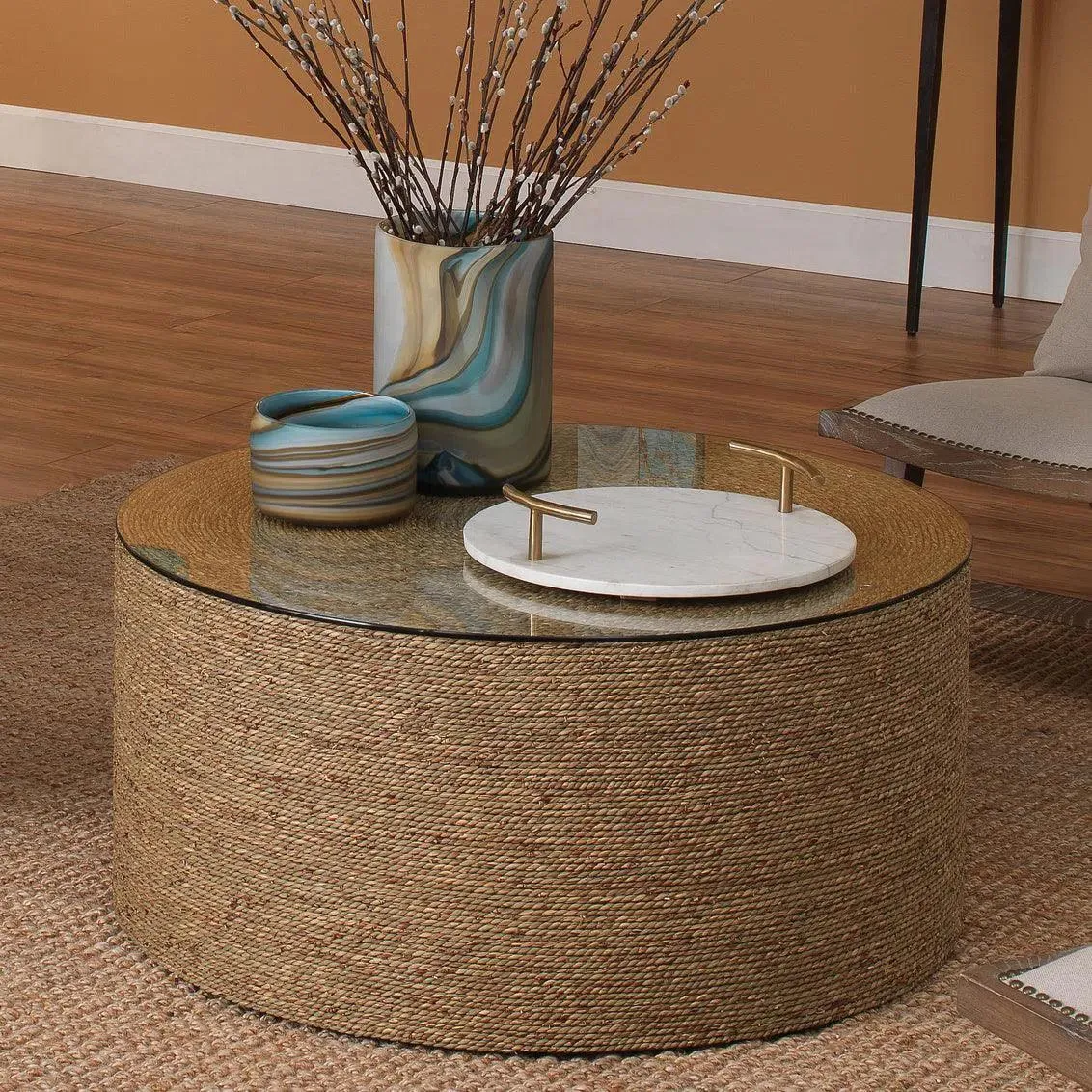 Coastal Style Natural Seagrass Round Harbor Coffee Table