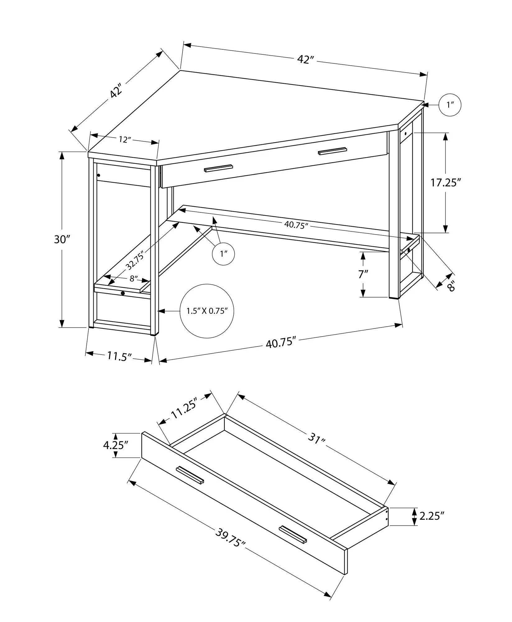 Computer Desk - 42"L / Cappuccino Corner / Silver Metal