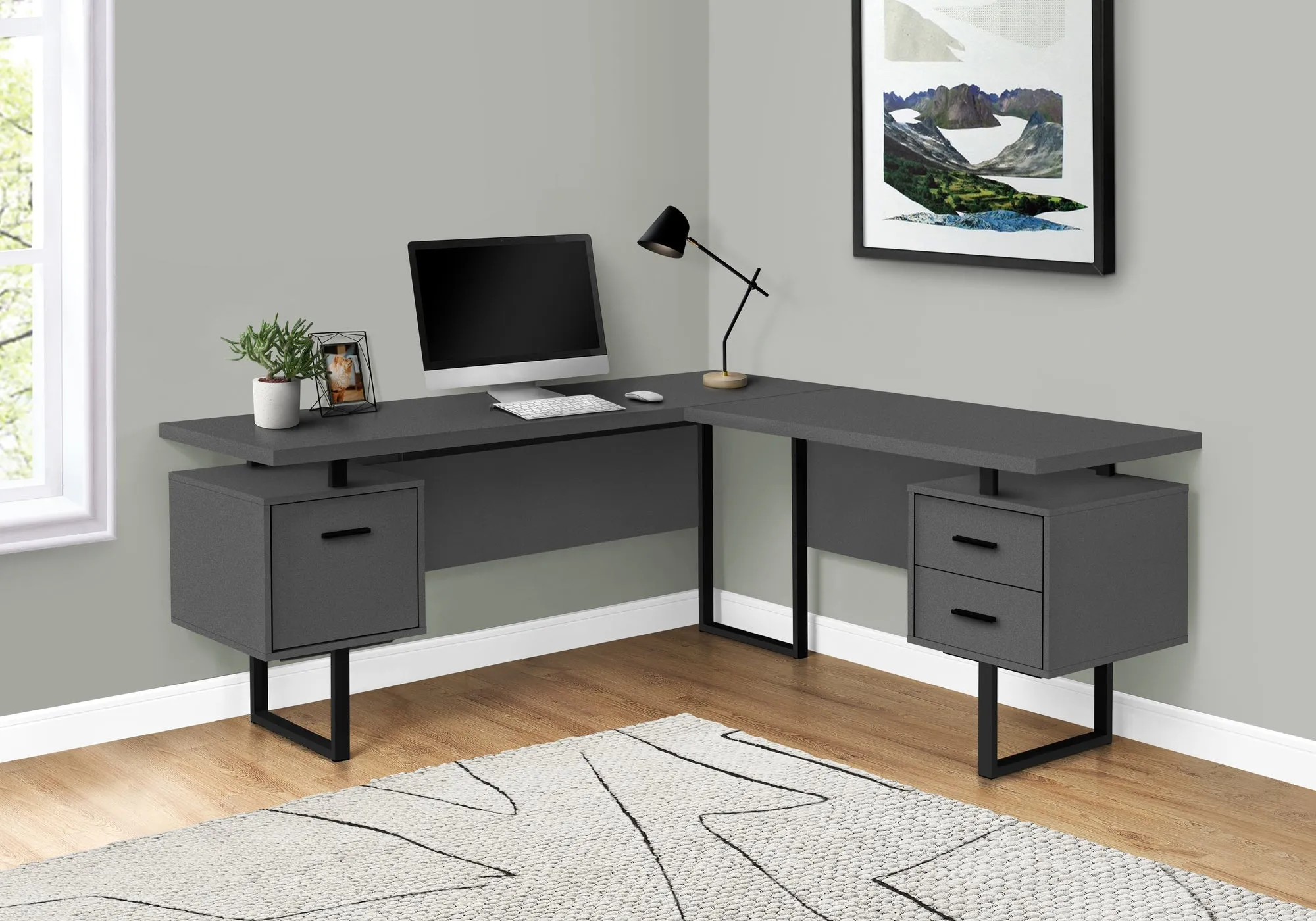 Computer Desk - 70"L / Modern Grey / Black Metal / L/R