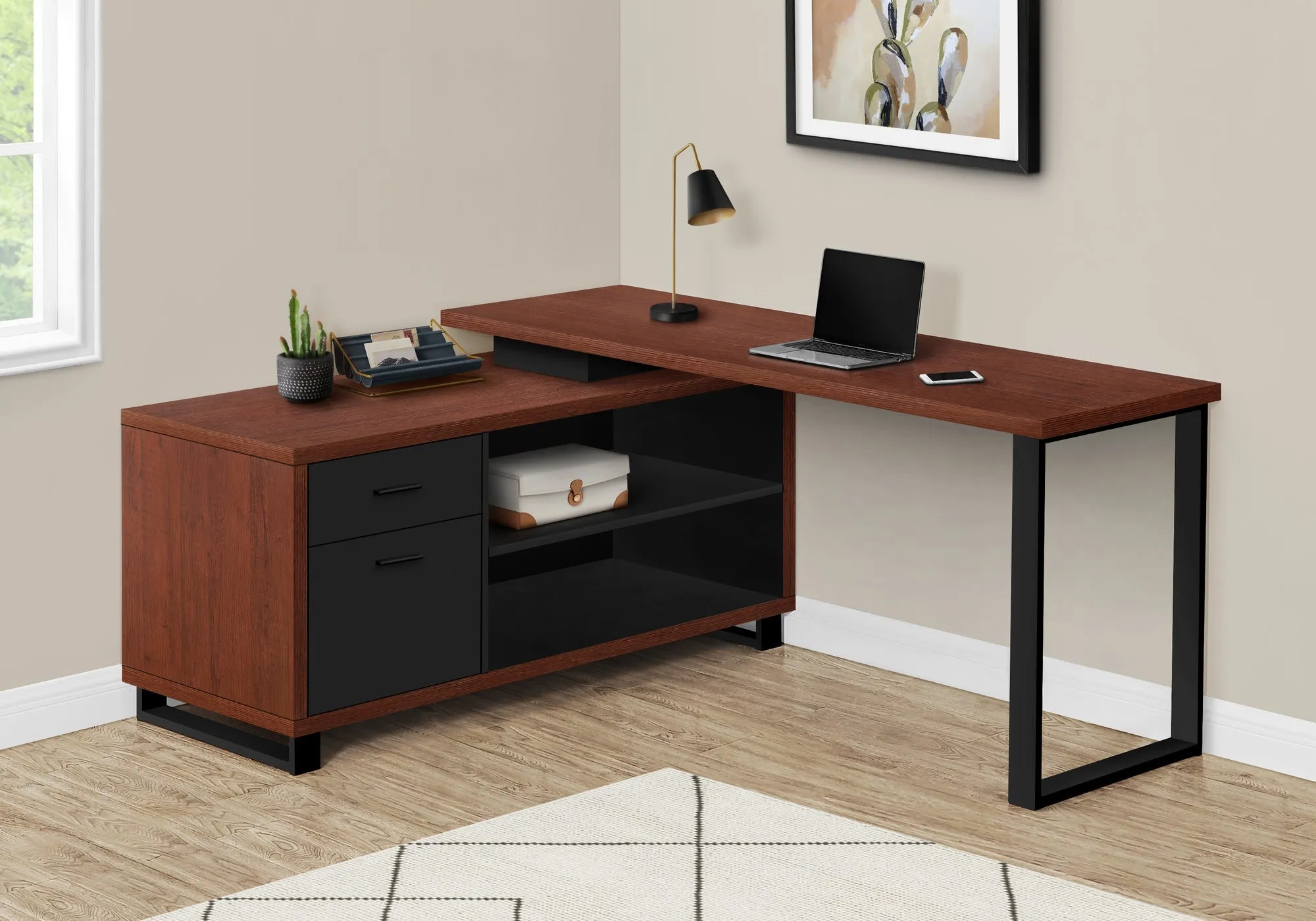 Computer Desk - 72"L Cherry / Black Executive Corner