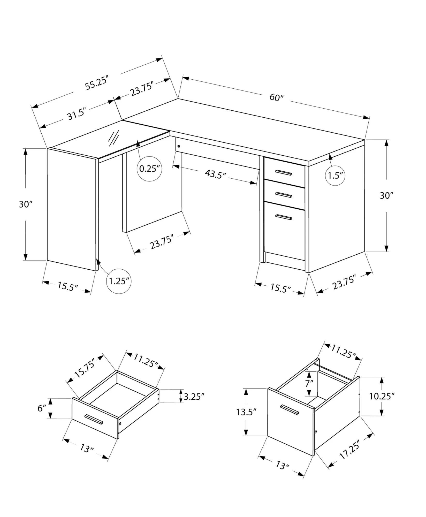 Computer Desk - Black / Grey Top Corner W/ Tempered Glass