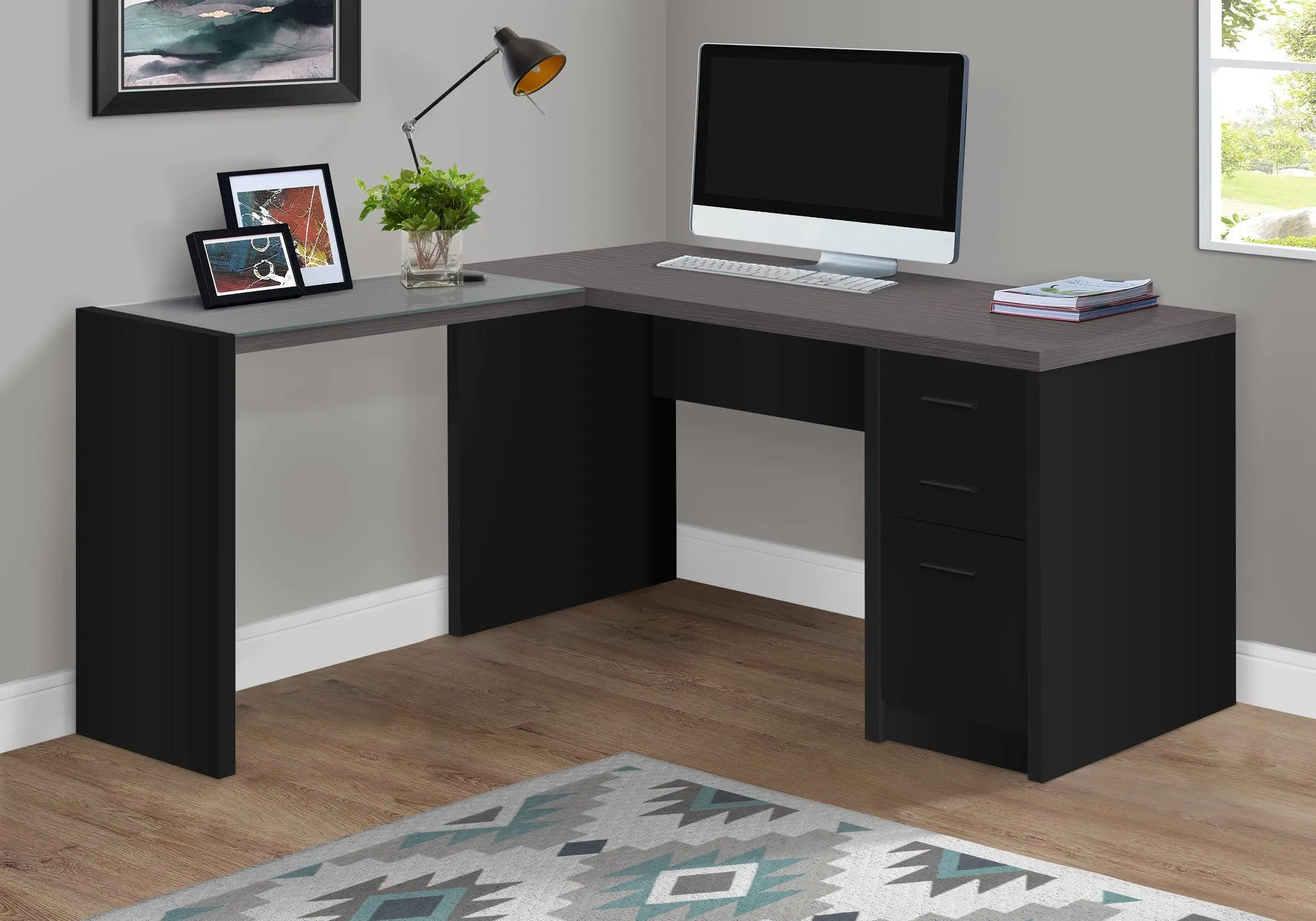 Computer Desk - Black / Grey Top Corner W/ Tempered Glass