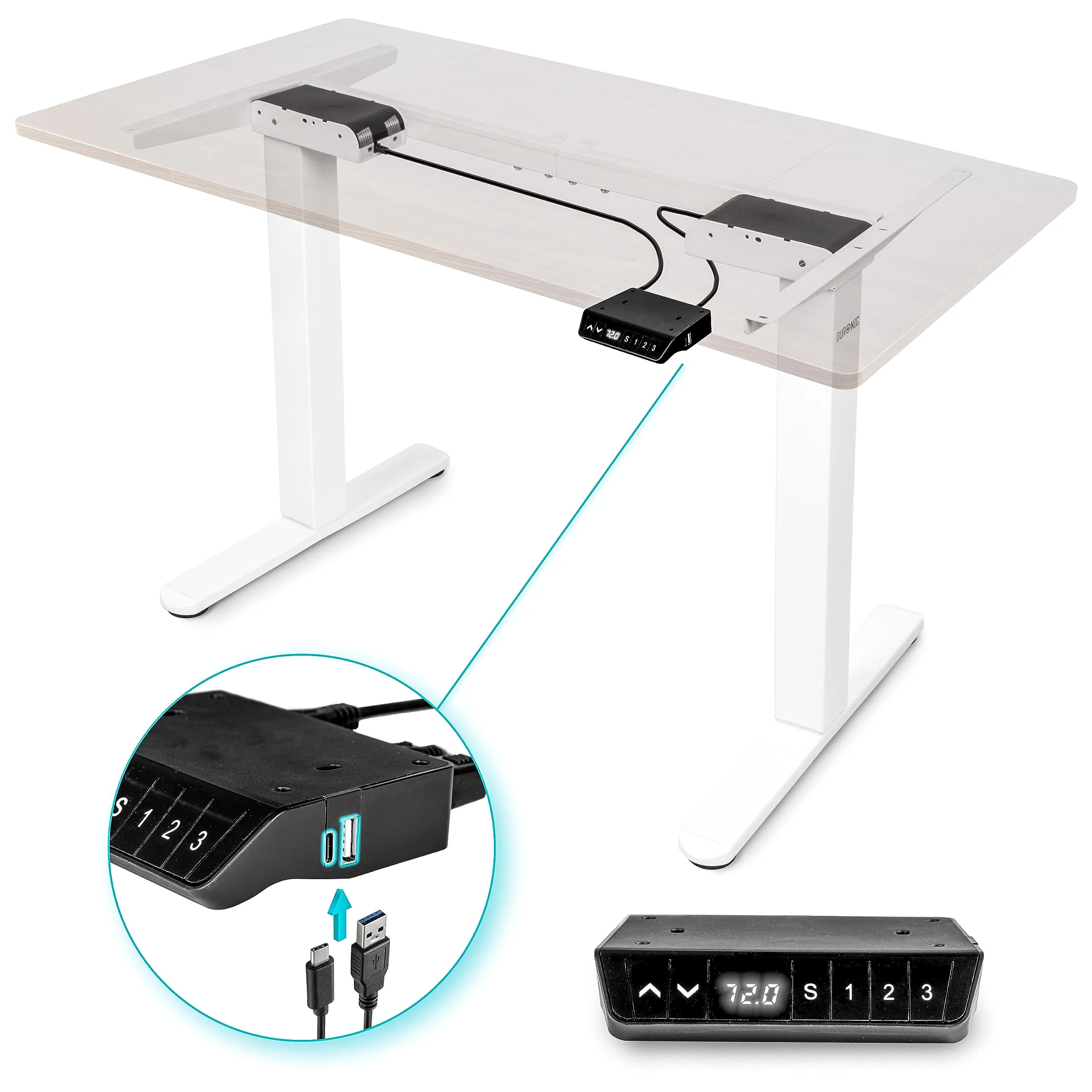 Duronic Electric Standing Desk TM61 WE - FRAME ONLY – Sit Stand Height Adjustable Office Desk 72-120cm, Ergonomic Workstation, Memory Function, Dual Motor – WHITE