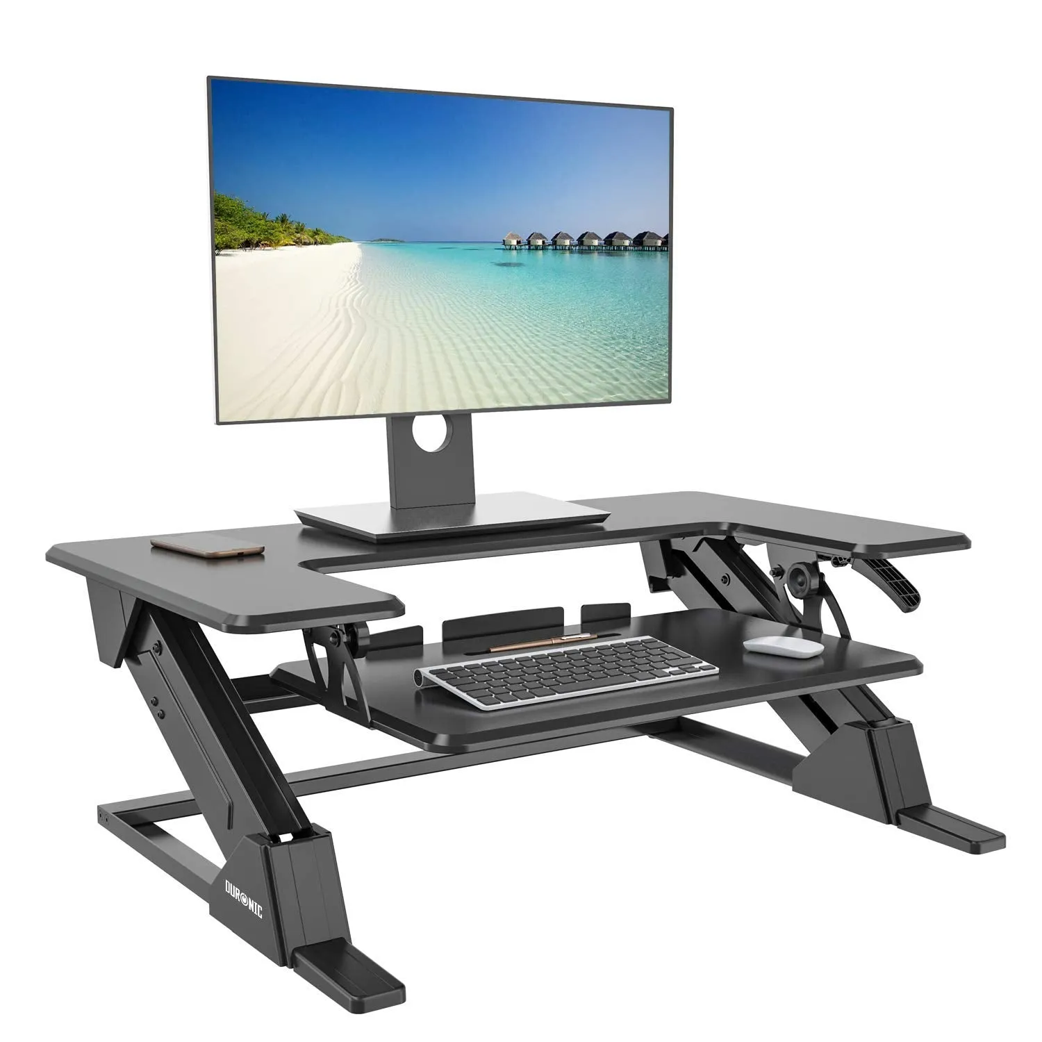 Duronic Sit-Stand Desk DM05D21 | Height Adjustable Office Workstation | 90x52cm Platform | Raises from 13-49cm | Riser for PC Computer Screen, Keyboard, Laptop | Ergonomic Desktop Table Converter