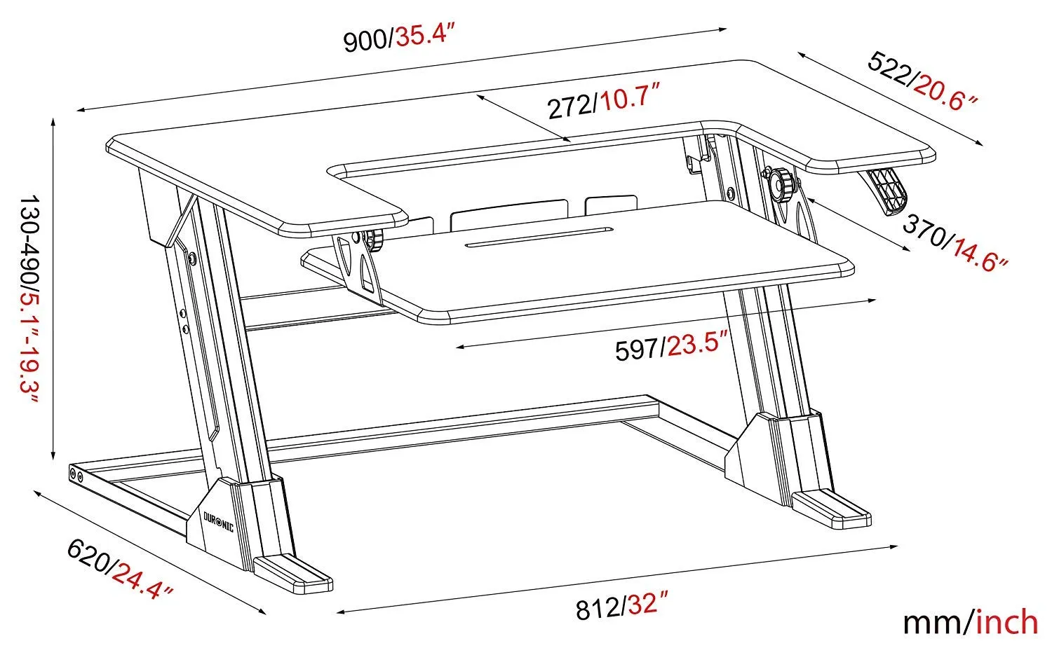 Duronic Sit-Stand Desk DM05D21 | Height Adjustable Office Workstation | 90x52cm Platform | Raises from 13-49cm | Riser for PC Computer Screen, Keyboard, Laptop | Ergonomic Desktop Table Converter