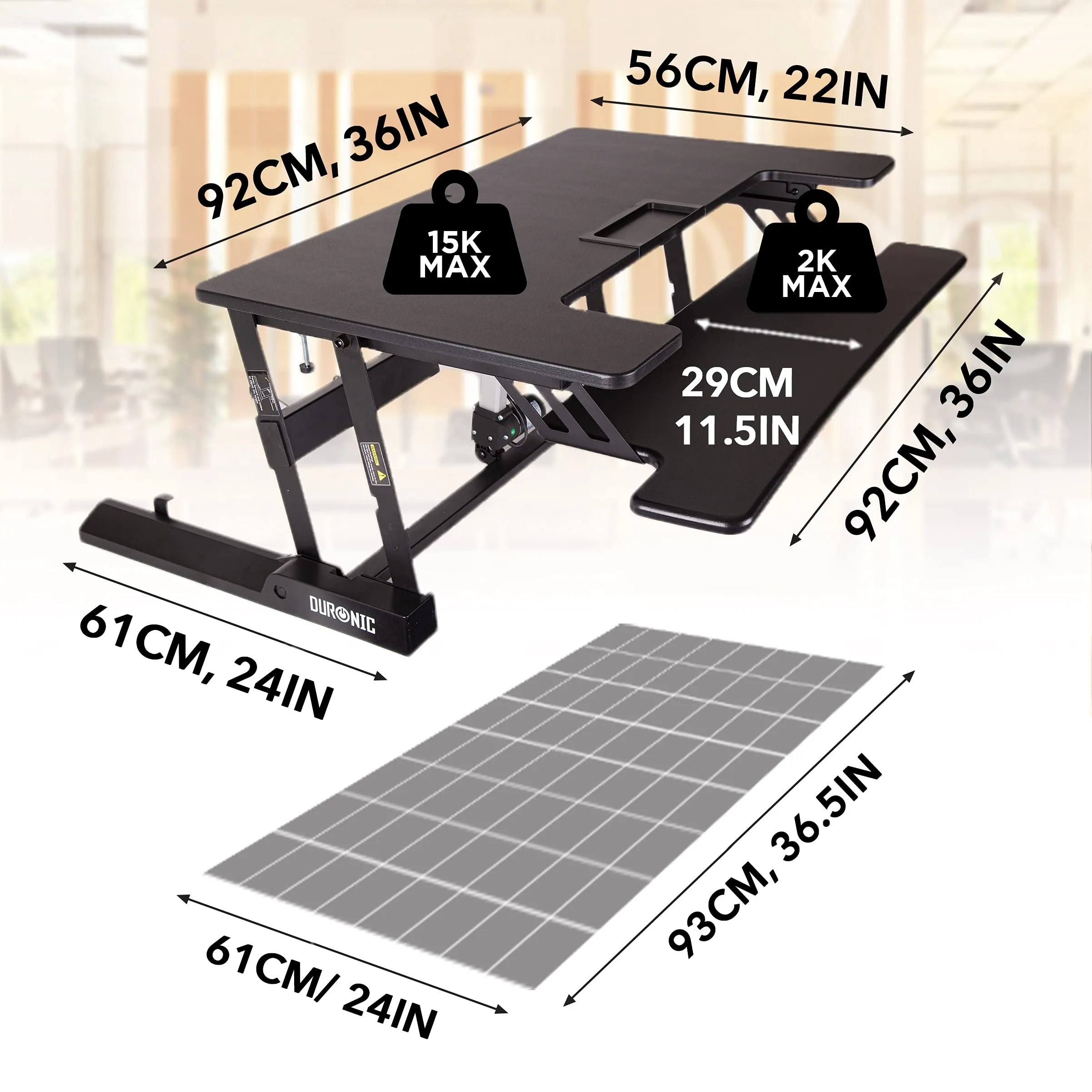 Duronic Sit-Stand Desk DM05D7 | Electric Height Adjustable Office Workstation | 92x55cm Platform | Raises from 18-41cm | Riser for PC Computer Screen, Keyboard, Laptop | Ergonomic Desktop Converter