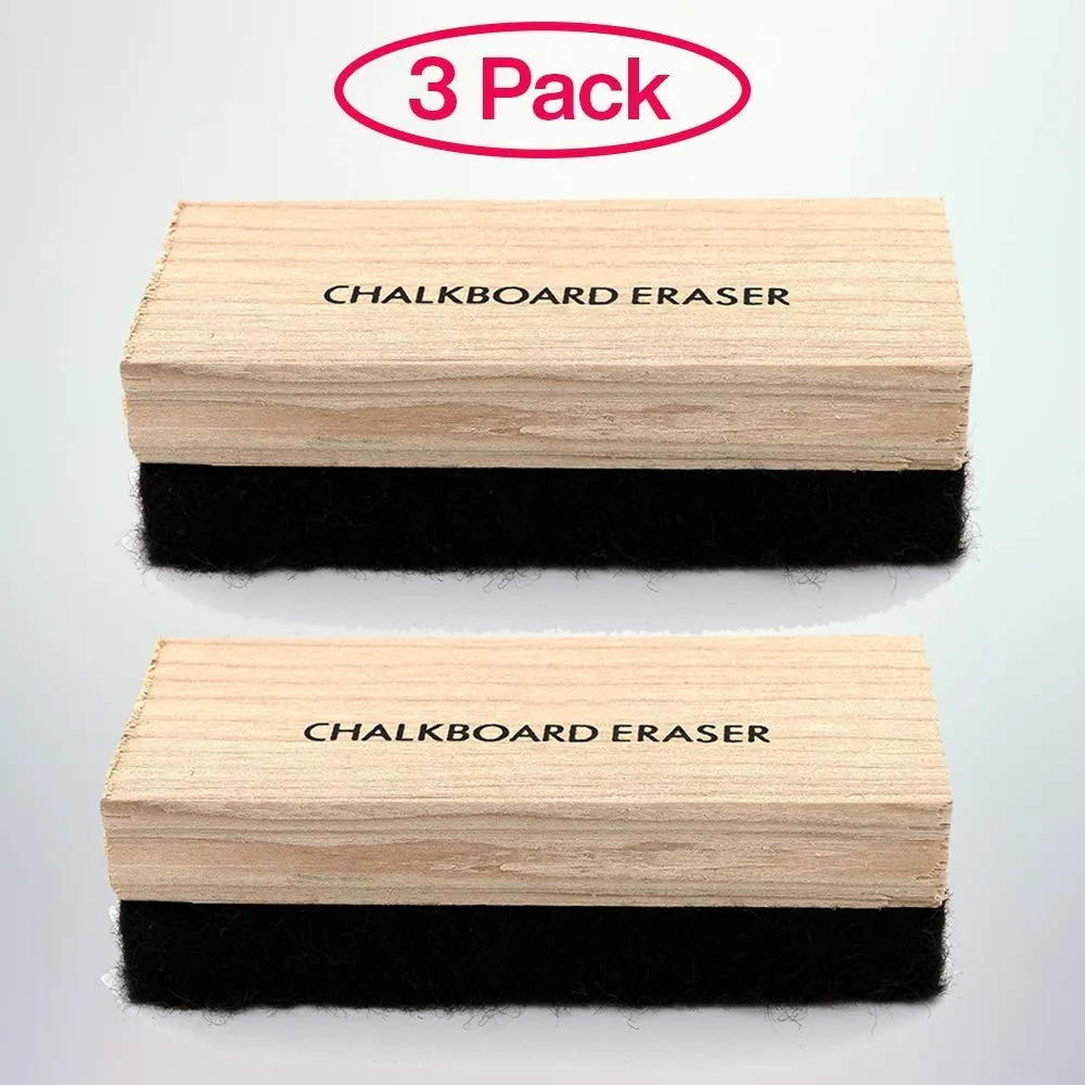 Kicko Chalkboard Erasers - 3 Pack - Black Board Cleaners with Wood Handle - for School