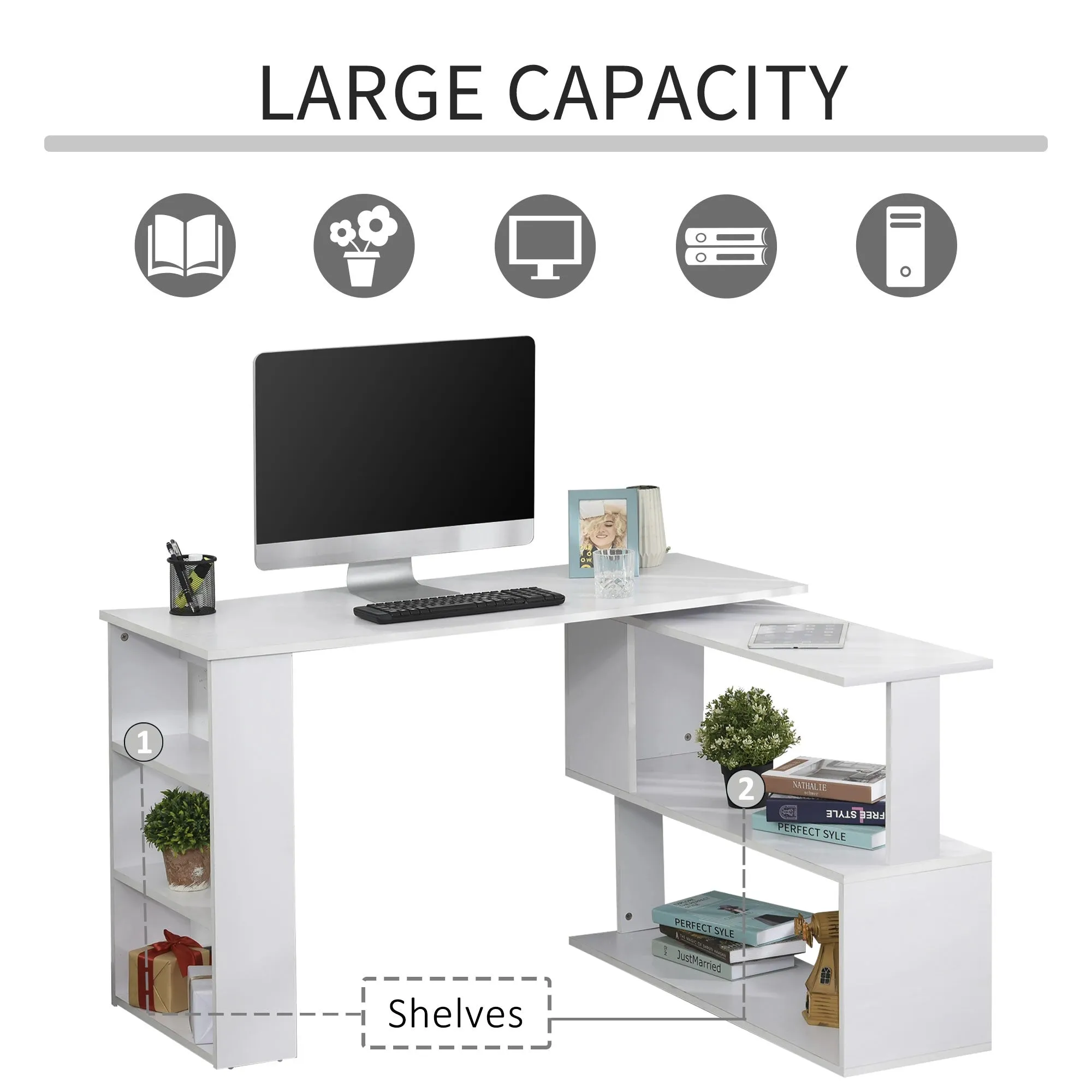 L-Shaped Corner Office Computer Desk with Storage Shelf - Available in 3 Colours