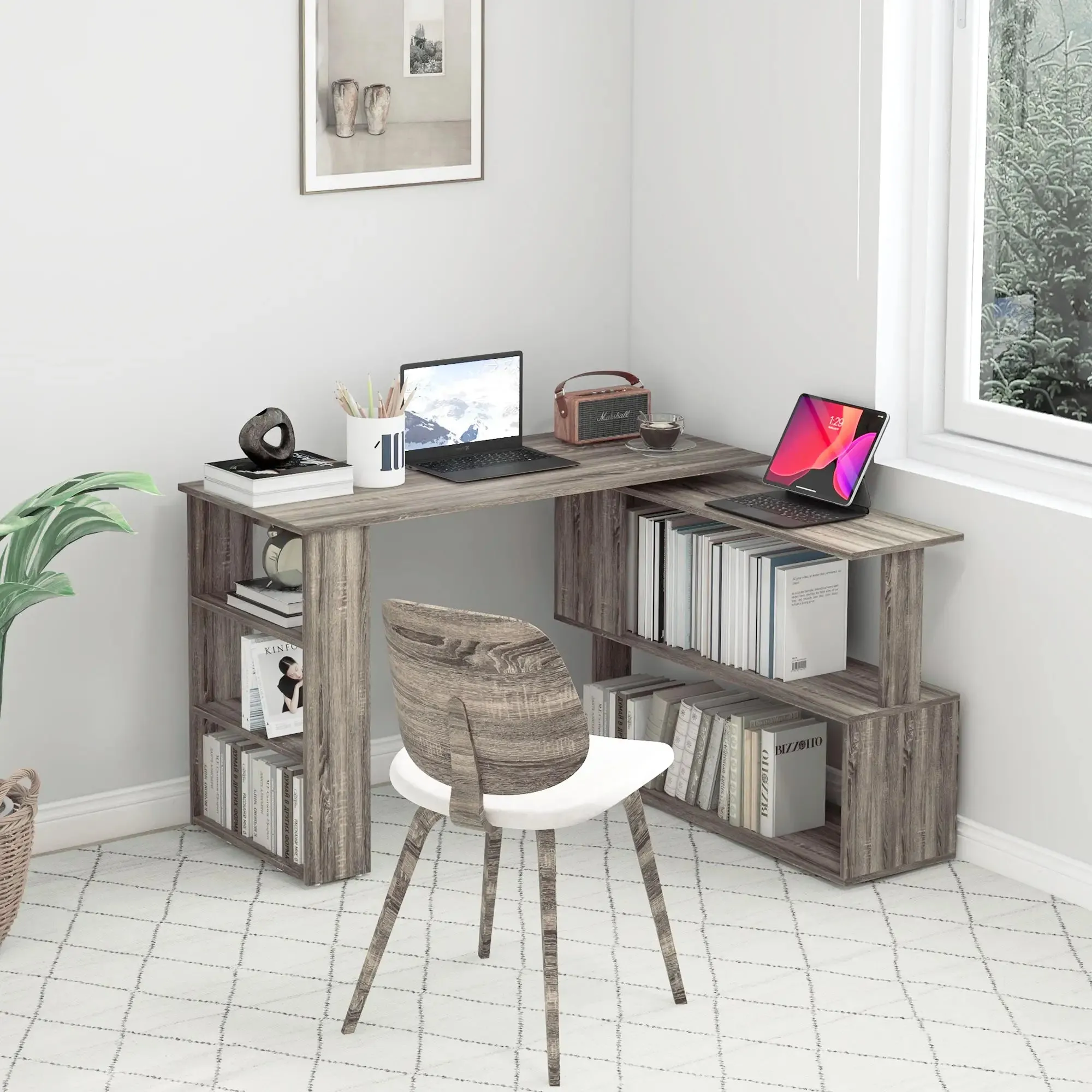 L-Shaped Corner Office Computer Desk with Storage Shelf - Available in 3 Colours