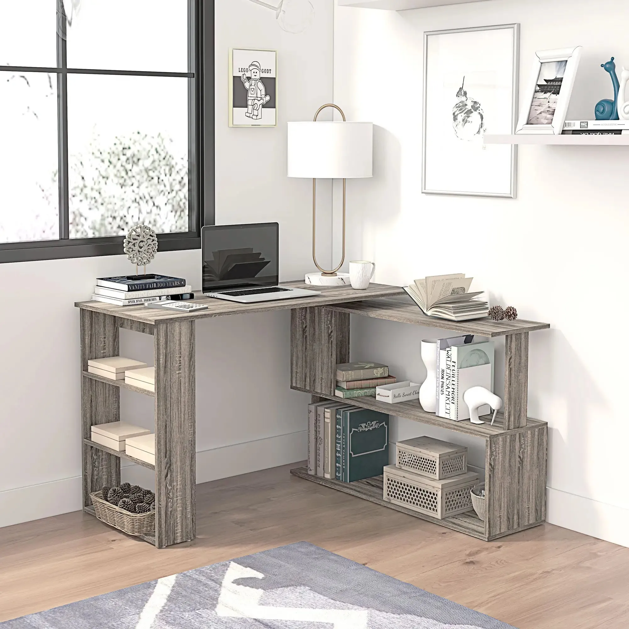 L-Shaped Corner Office Computer Desk with Storage Shelf - Available in 3 Colours