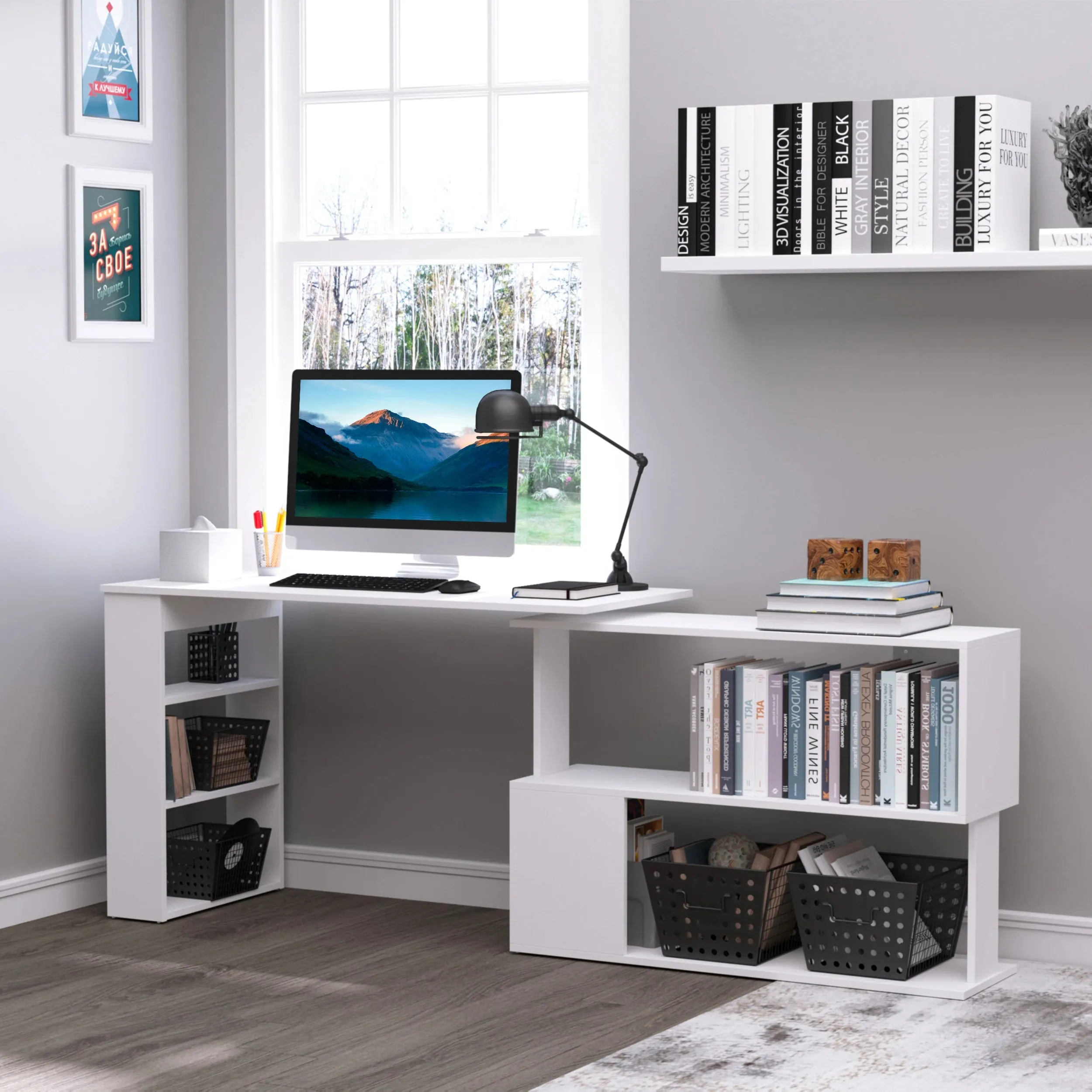 L-Shaped Corner Office Computer Desk with Storage Shelf - Available in 3 Colours