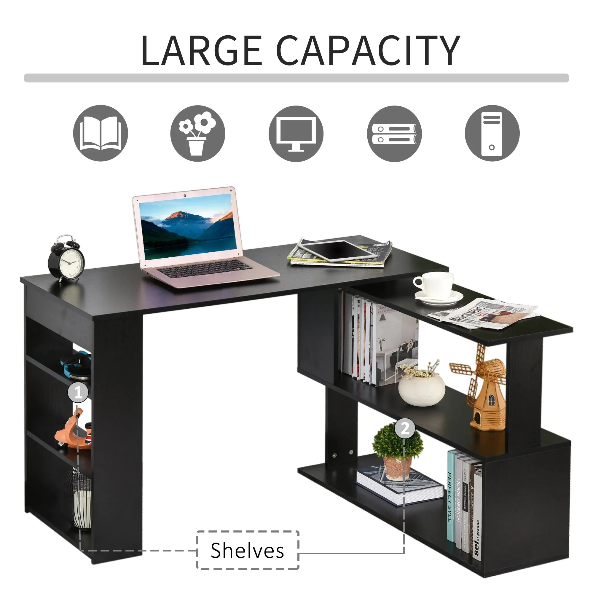 L-Shaped Corner Office Computer Desk with Storage Shelf - Available in 3 Colours