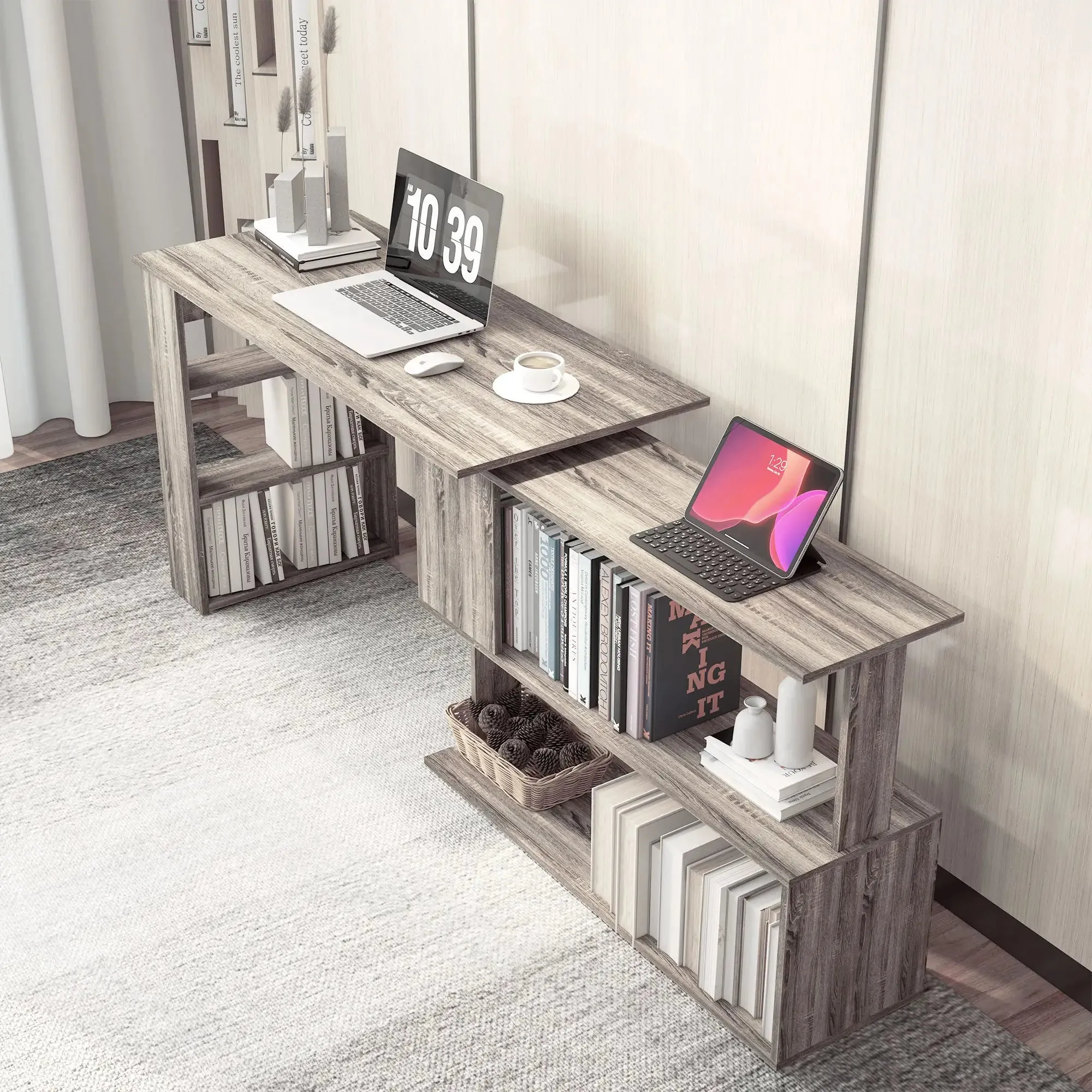 L-Shaped Corner Office Computer Desk with Storage Shelf - Available in 3 Colours