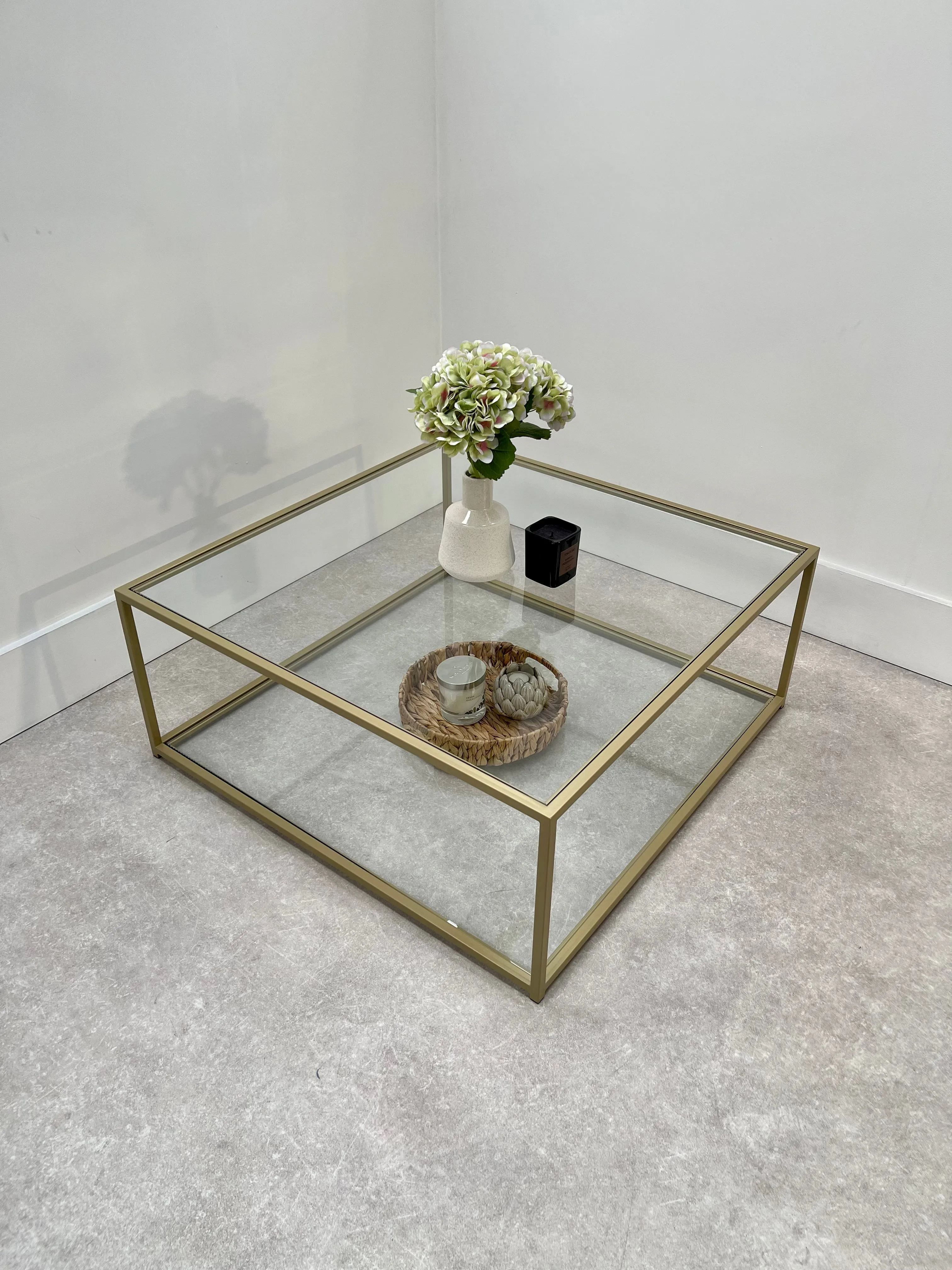 Mila Square Glass Metal Coffee Table With Shelf - Gold