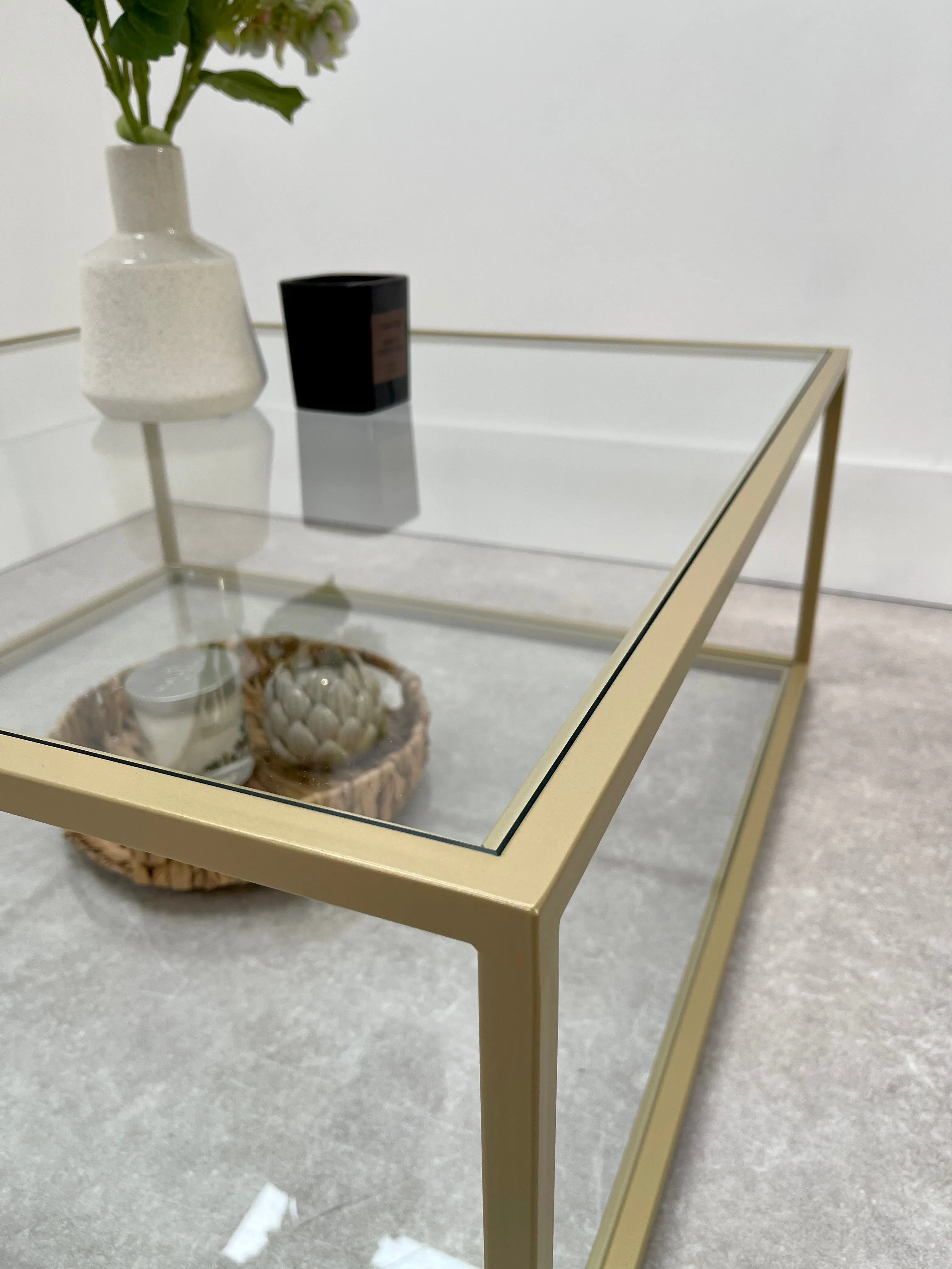 Mila Square Glass Metal Coffee Table With Shelf - Gold