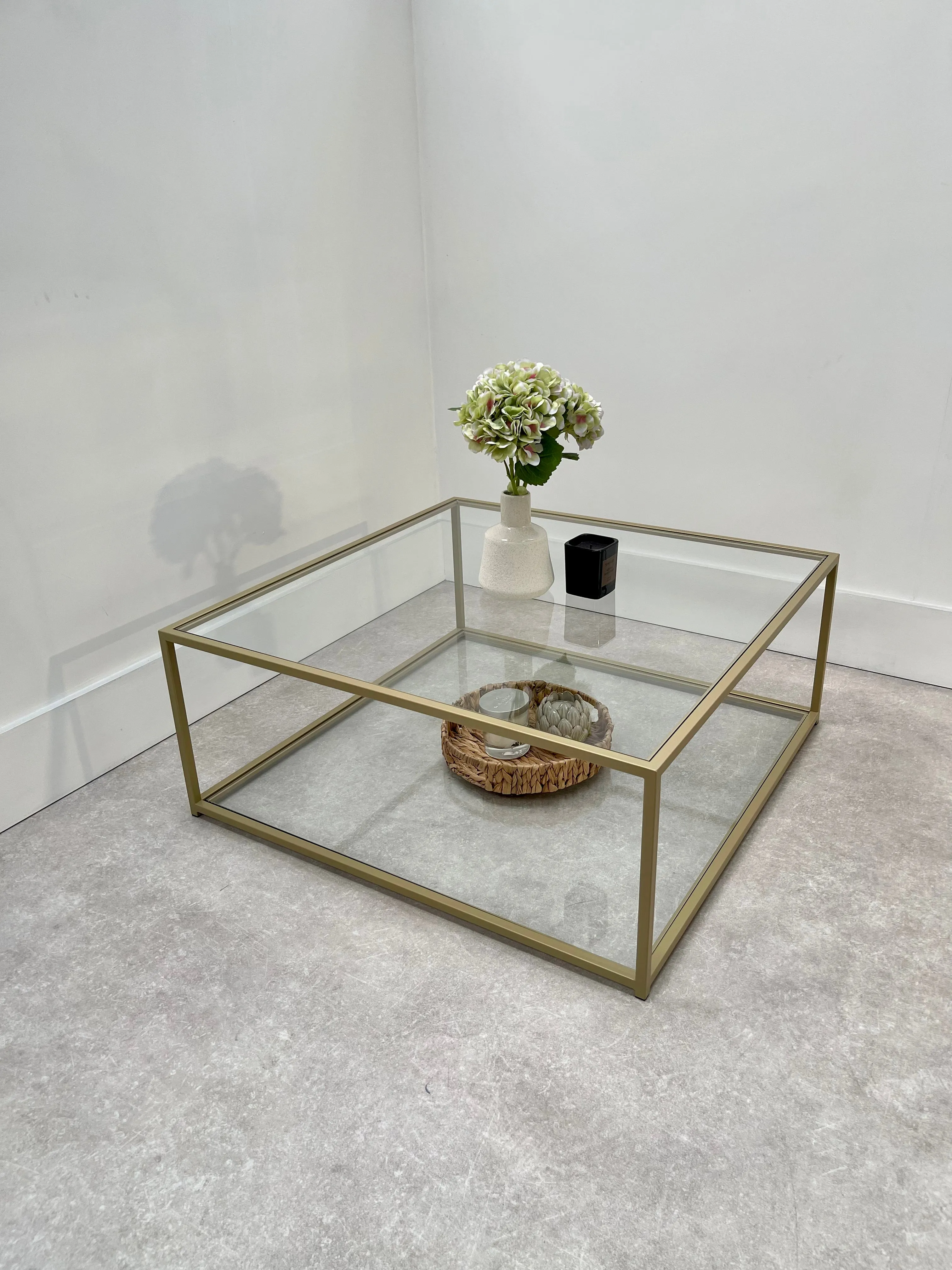 Mila Square Glass Metal Coffee Table With Shelf - Gold