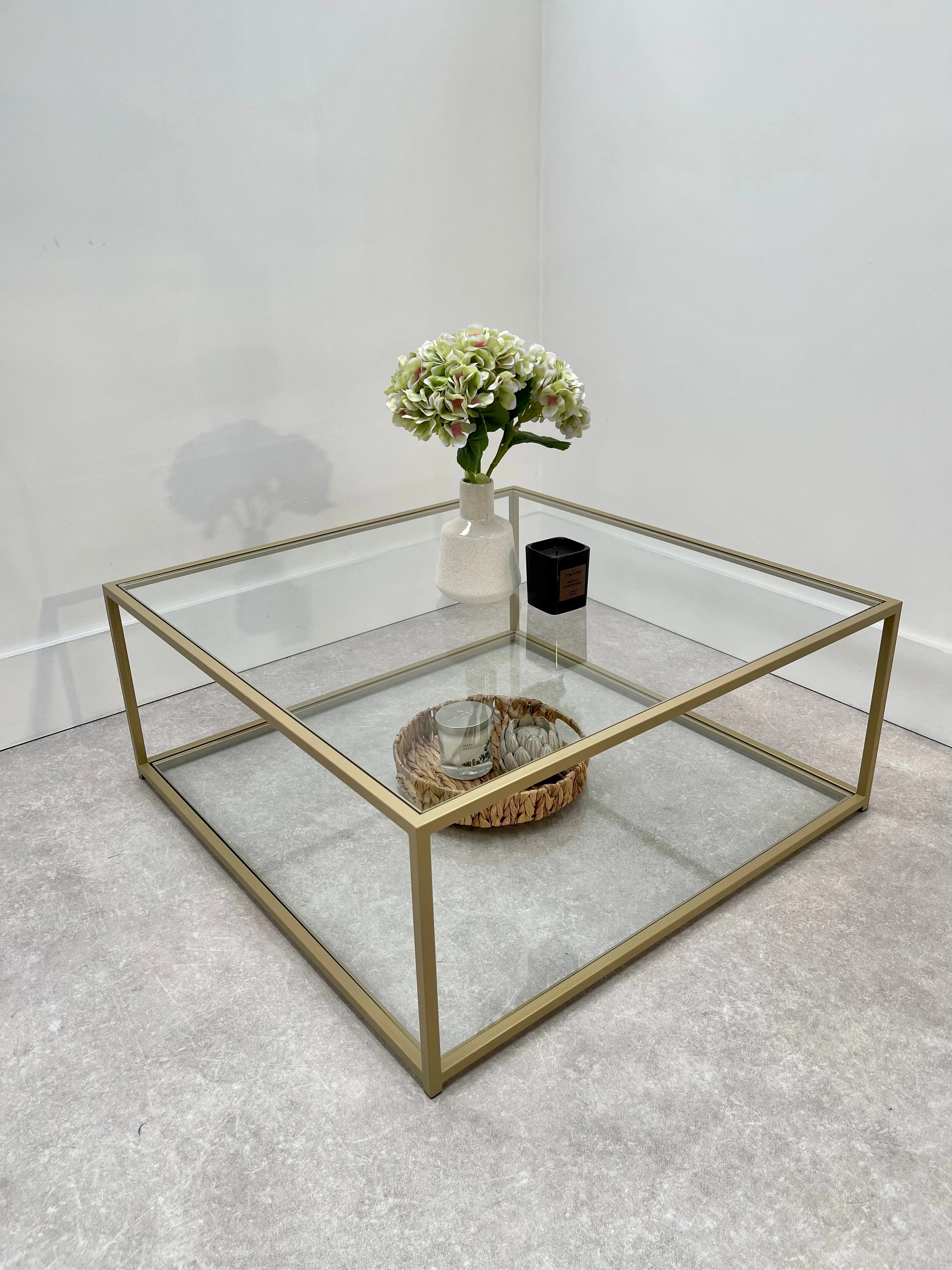 Mila Square Glass Metal Coffee Table With Shelf - Gold