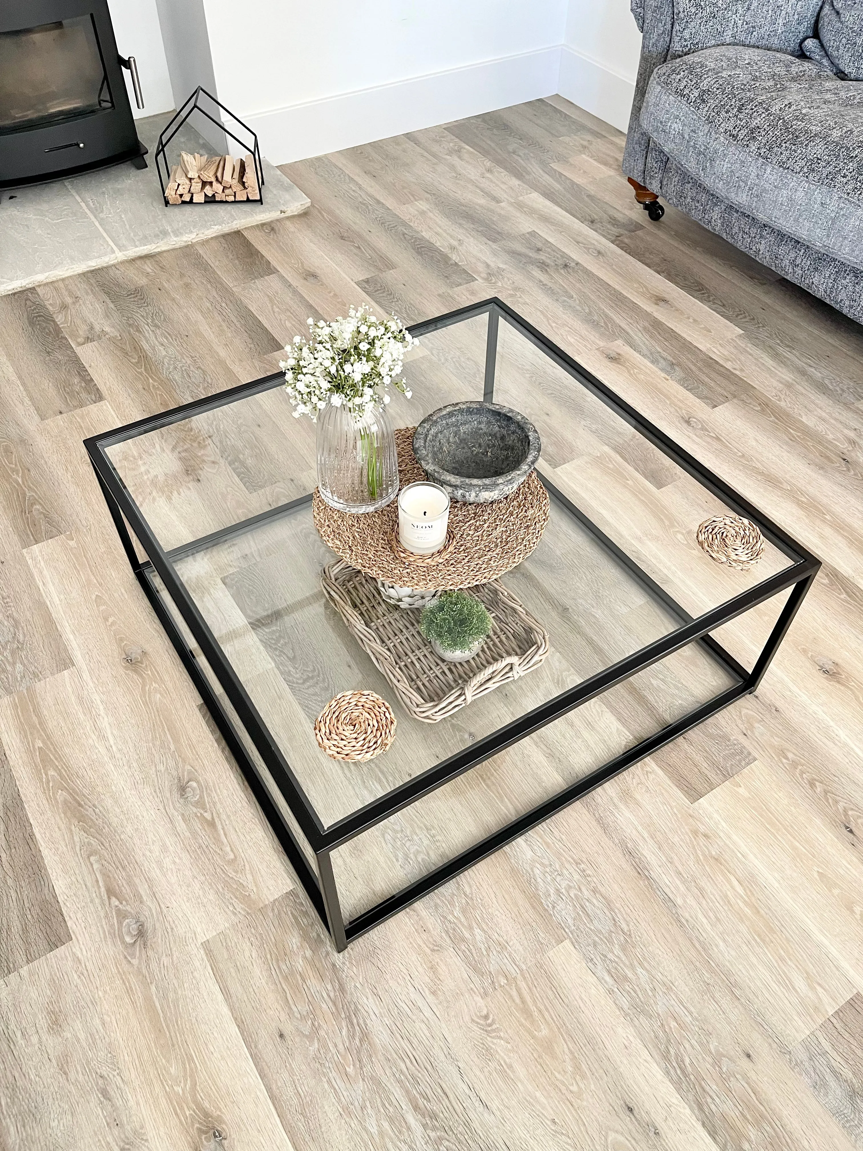 Mila Square Metal Glass Coffee Table With Shelf - Black