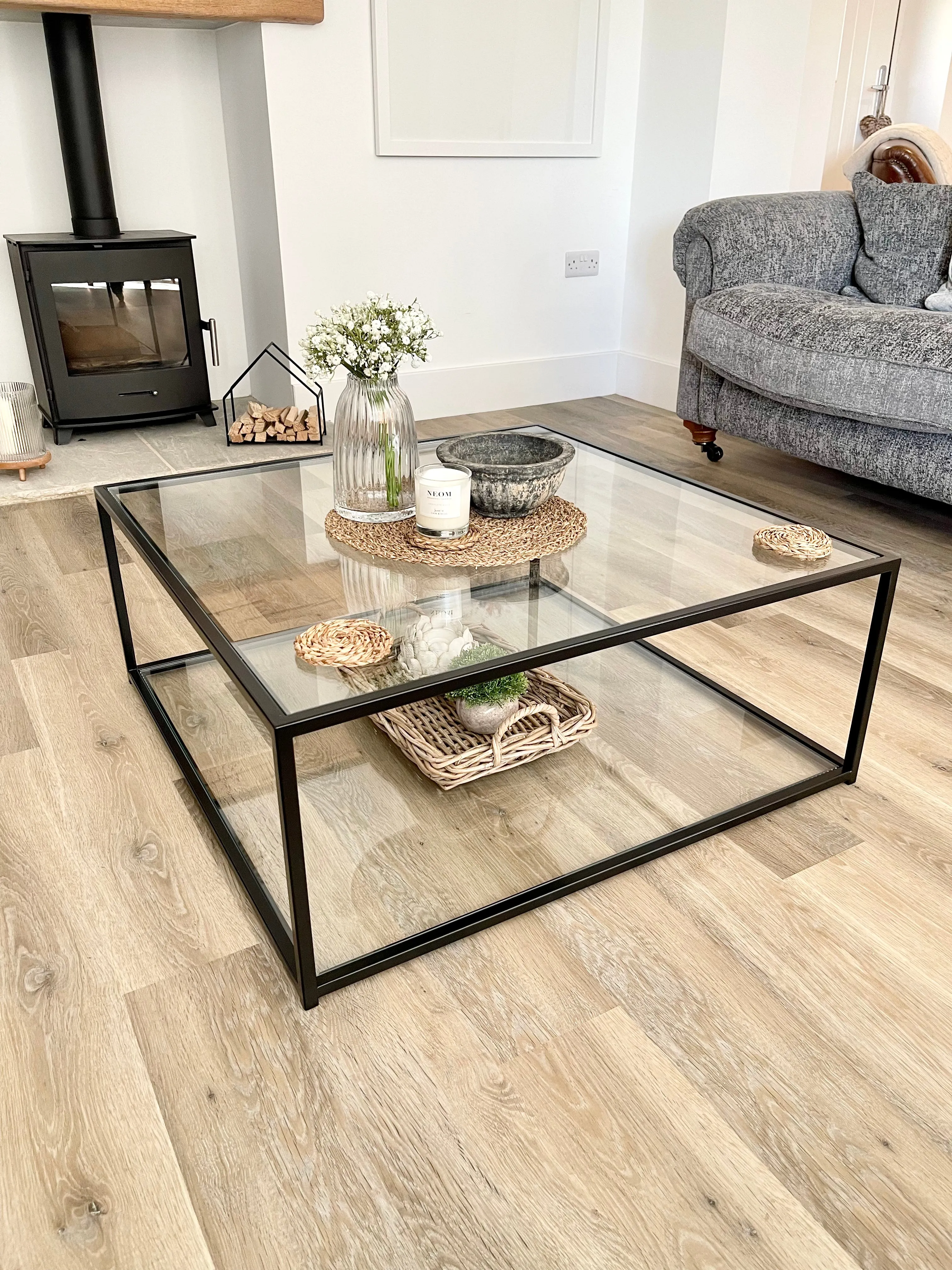 Mila Square Metal Glass Coffee Table With Shelf - Black