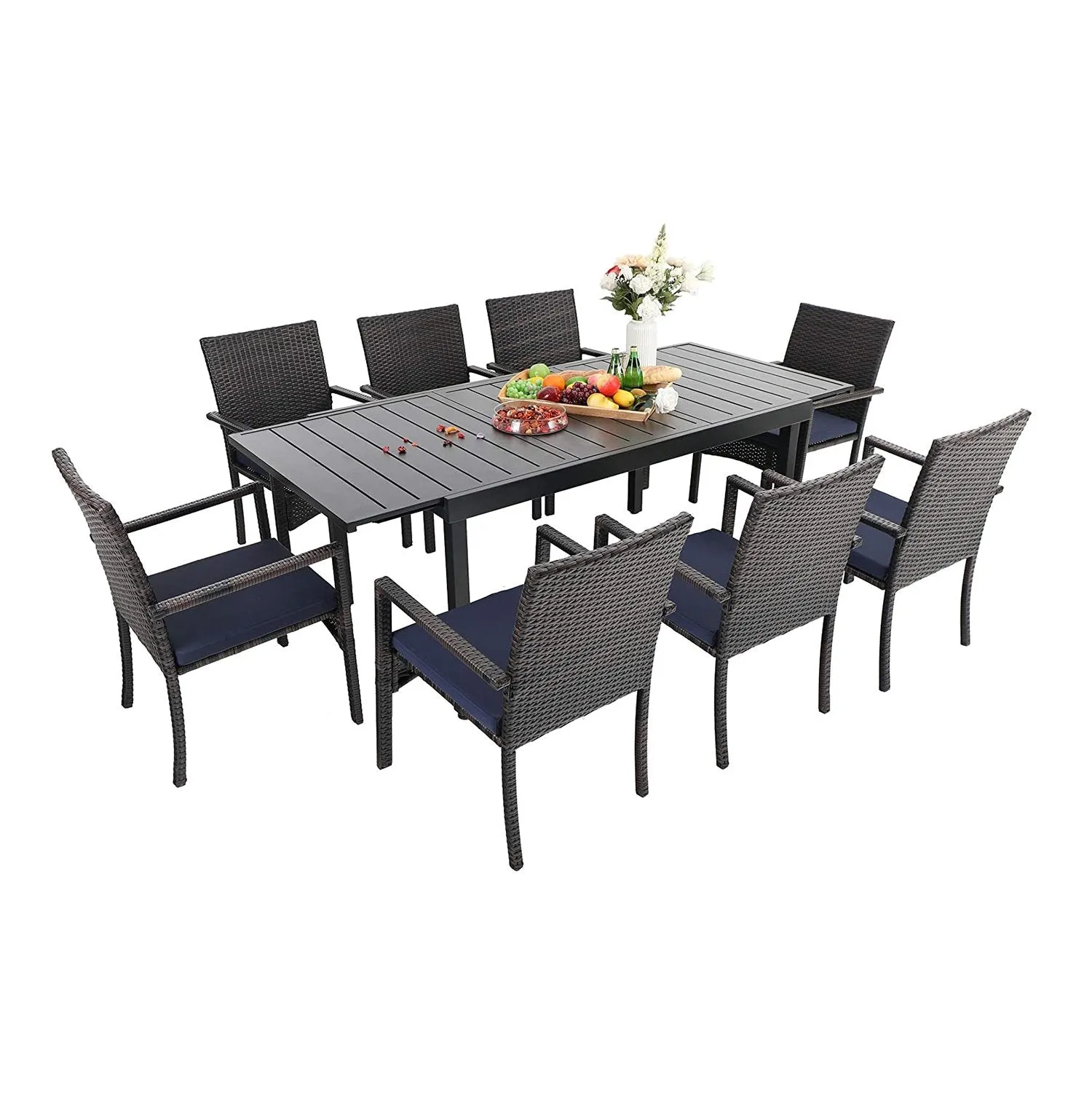 PHI VILLA 7 piece/ 9 piece Patio Dining Set With Rattan Cushioned Chairs & Extendable Steel Table