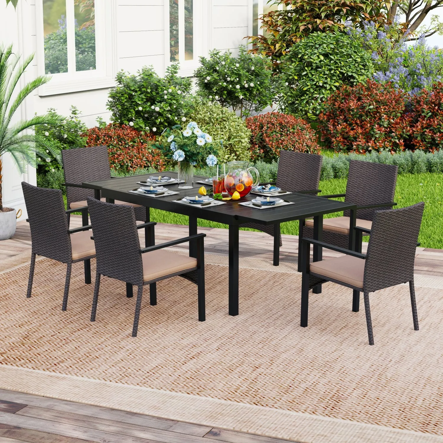 PHI VILLA 7 piece/ 9 piece Patio Dining Set With Rattan Cushioned Chairs & Extendable Steel Table