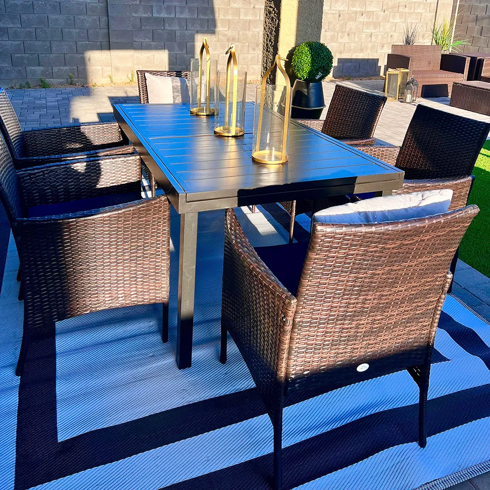 PHI VILLA 7 piece/ 9 piece Patio Dining Set With Rattan Cushioned Chairs & Extendable Steel Table