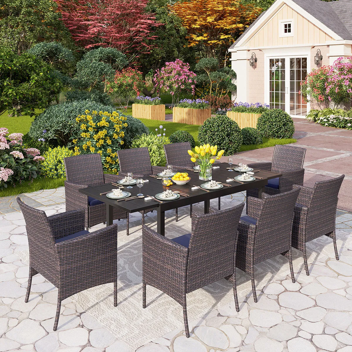 PHI VILLA 7 piece/ 9 piece Patio Dining Set With Rattan Cushioned Chairs & Extendable Steel Table