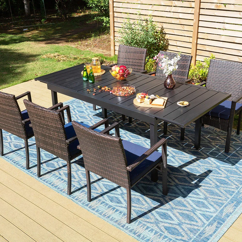 PHI VILLA 7 piece/ 9 piece Patio Dining Set With Rattan Cushioned Chairs & Extendable Steel Table