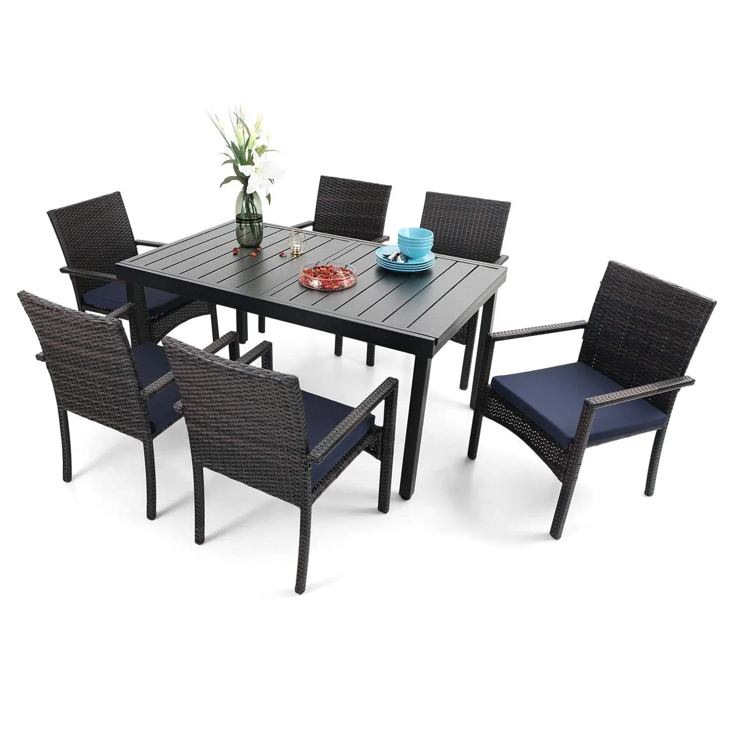 PHI VILLA 7 piece/ 9 piece Patio Dining Set With Rattan Cushioned Chairs & Extendable Steel Table