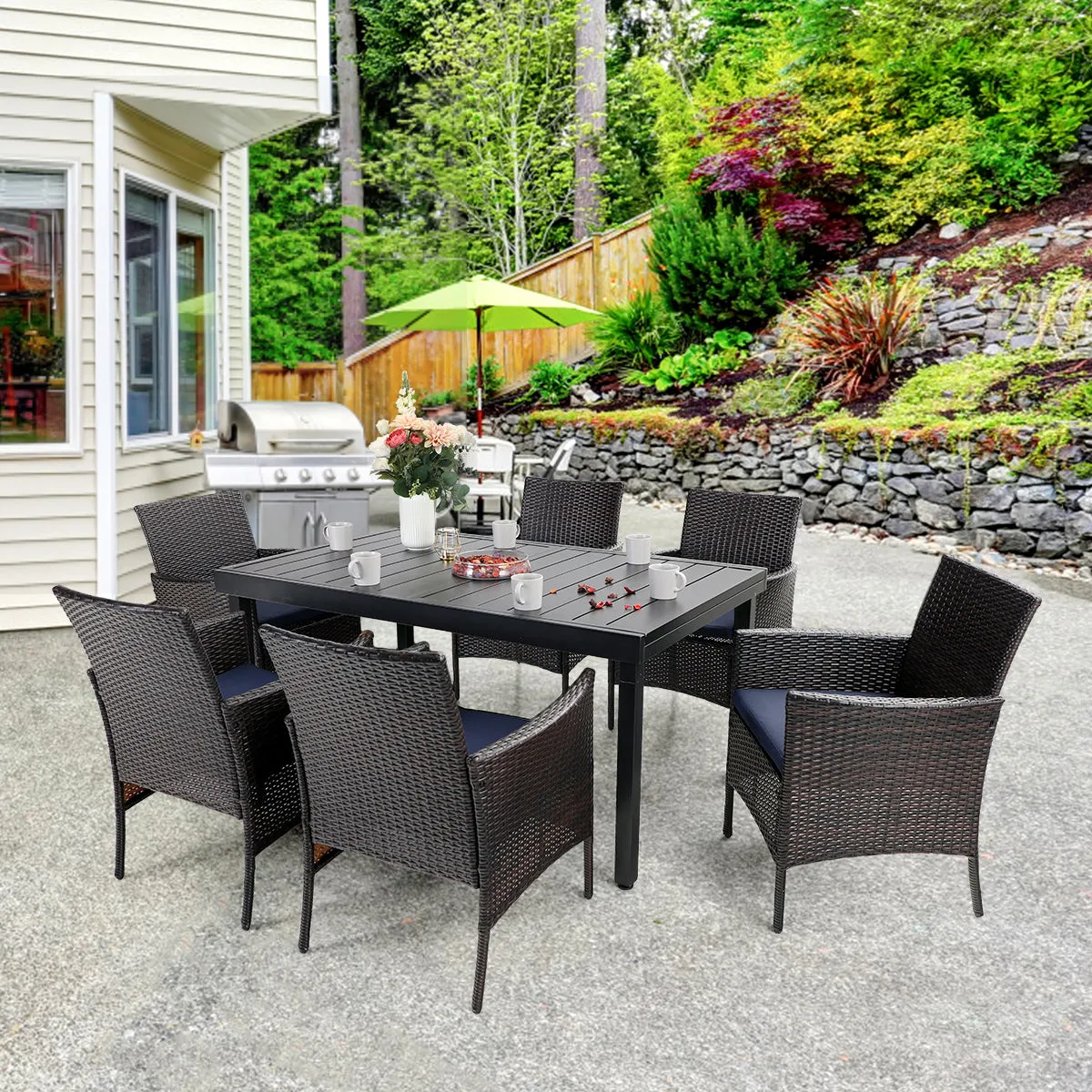 PHI VILLA 7 piece/ 9 piece Patio Dining Set With Rattan Cushioned Chairs & Extendable Steel Table