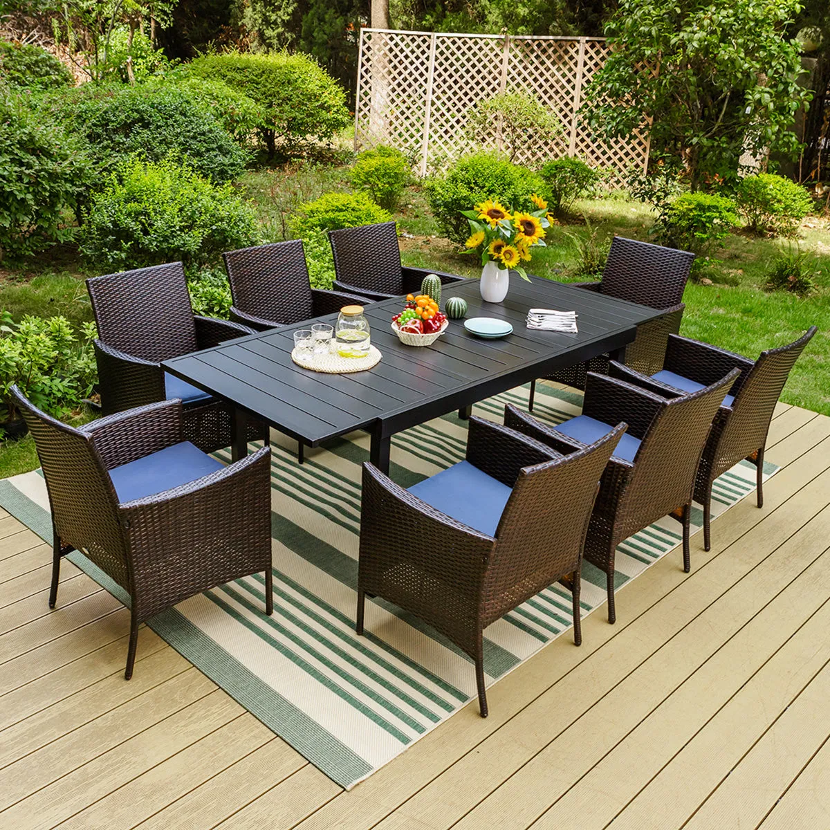 PHI VILLA 7 piece/ 9 piece Patio Dining Set With Rattan Cushioned Chairs & Extendable Steel Table