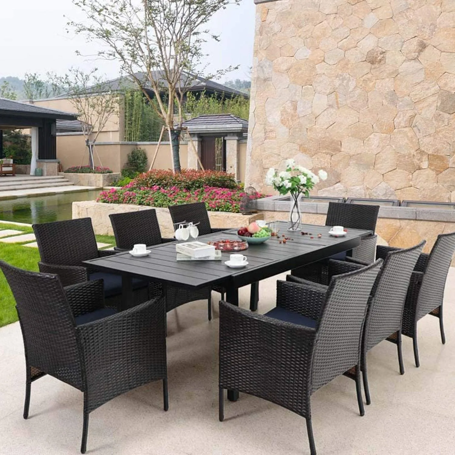 PHI VILLA 7 piece/ 9 piece Patio Dining Set With Rattan Cushioned Chairs & Extendable Steel Table